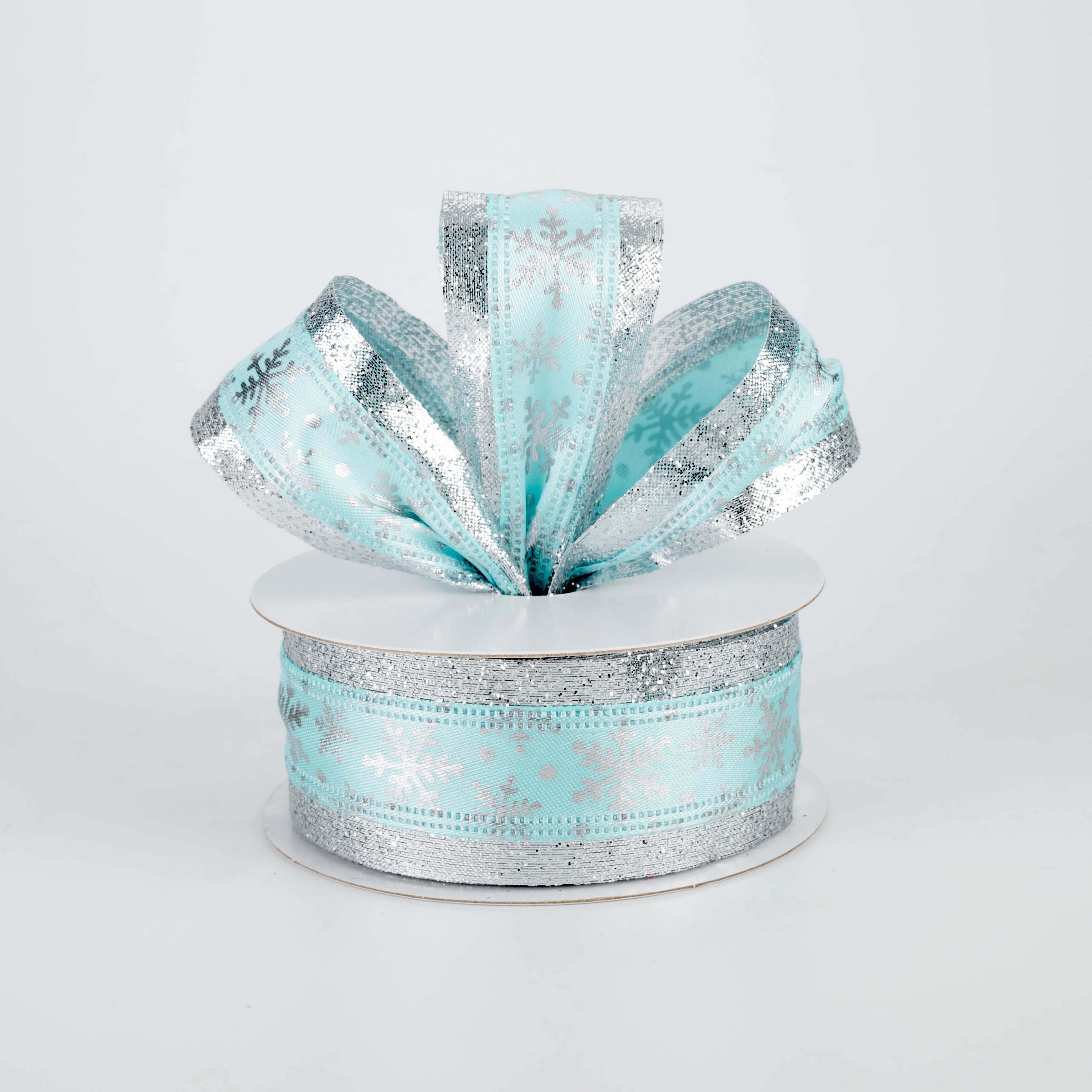 1.5 Inch Aqua Snowflake Christmas Ribbon with Silver Edge - 10 Yards Bulk Roll for Holiday Gift Wrapping, Tree Decorations and DIY Crafts