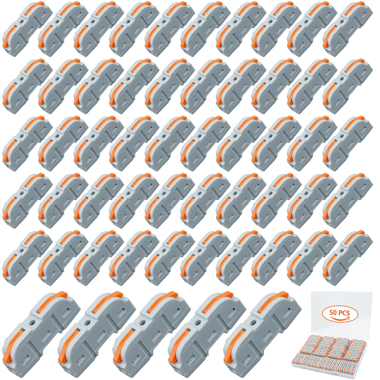 50 Pcs 1 to 1 Inline Electrical Lever Wire Connectors - Quick Push-in Cable Splicing Connectors for 28-12 AWG Wires (Grey Orange) - Ideal for Home Wiring, Electrical Repairs, and DIY Projects