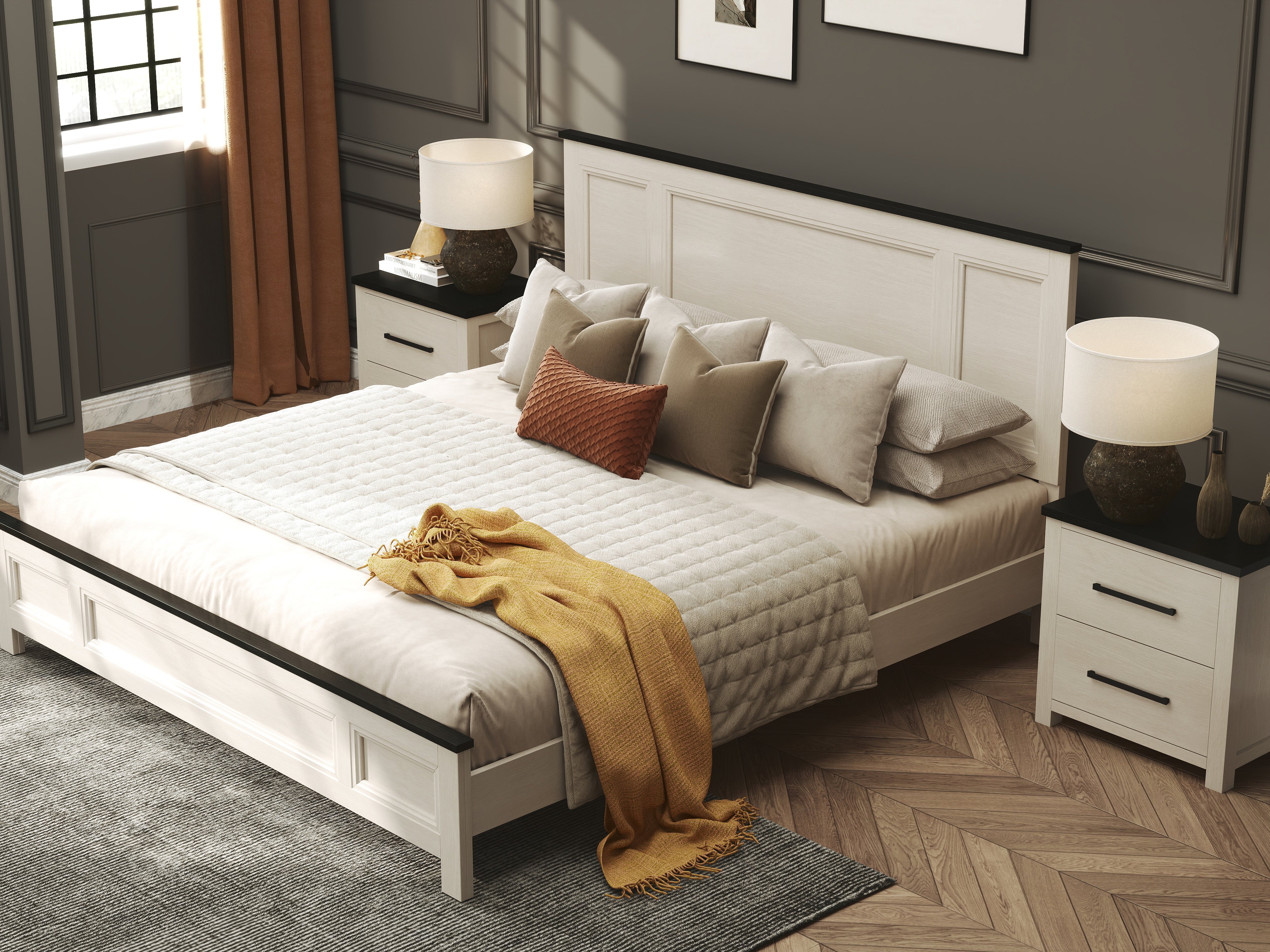 Roundhill Furniture Realynn Wood Bedroom Collection - Queen Size Bed Frame, Nightstand & Dresser Set in Off White Finish | Modern Farmhouse Style for Master Bedroom & Guest Room Decor