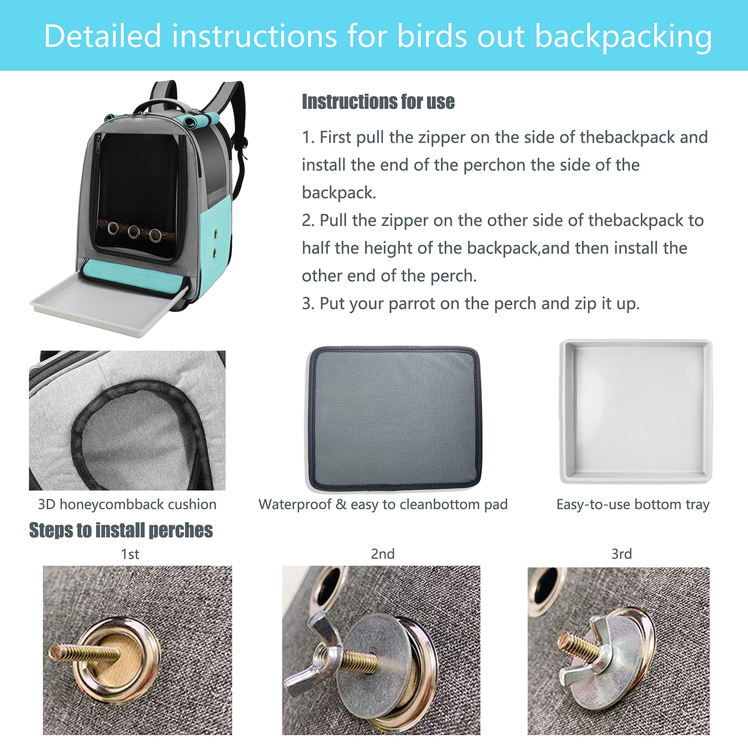 **Bird Travel Backpack Carrier with Tray, Perch & Feeding Tank - Waterproof & Ventilated for Parakeets, Lovebirds & Small Birds - Perfect for Outdoor Adventures & Vet Visits**