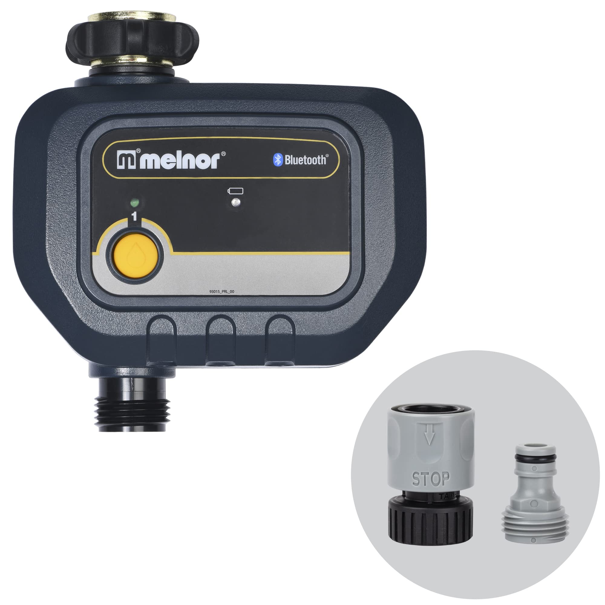 Melnor 65182AMZ Bluetooth Smart Hose Timer - 1-Zone Programmable Water Sprinkler Timer with Quick Connect for Garden, Lawn & Yard Irrigation System | Easy Wireless Control via Mobile App | Weather Resistant Black & Yellow Design