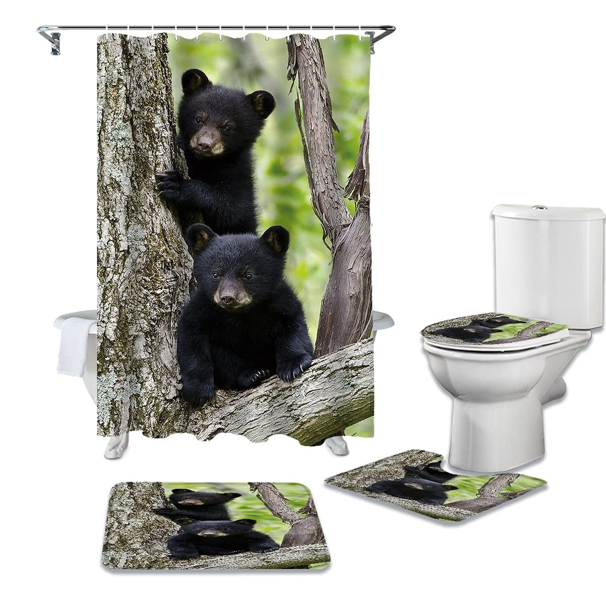 WWGBHJL 4-Piece Black Bear Forest Shower Curtain Set with Hooks - Waterproof Bathroom Decor Includes Non-Slip Mat & Toilet Cover - Perfect for Kids' Bathroom, Cabin, or Nature-Themed Home Decor