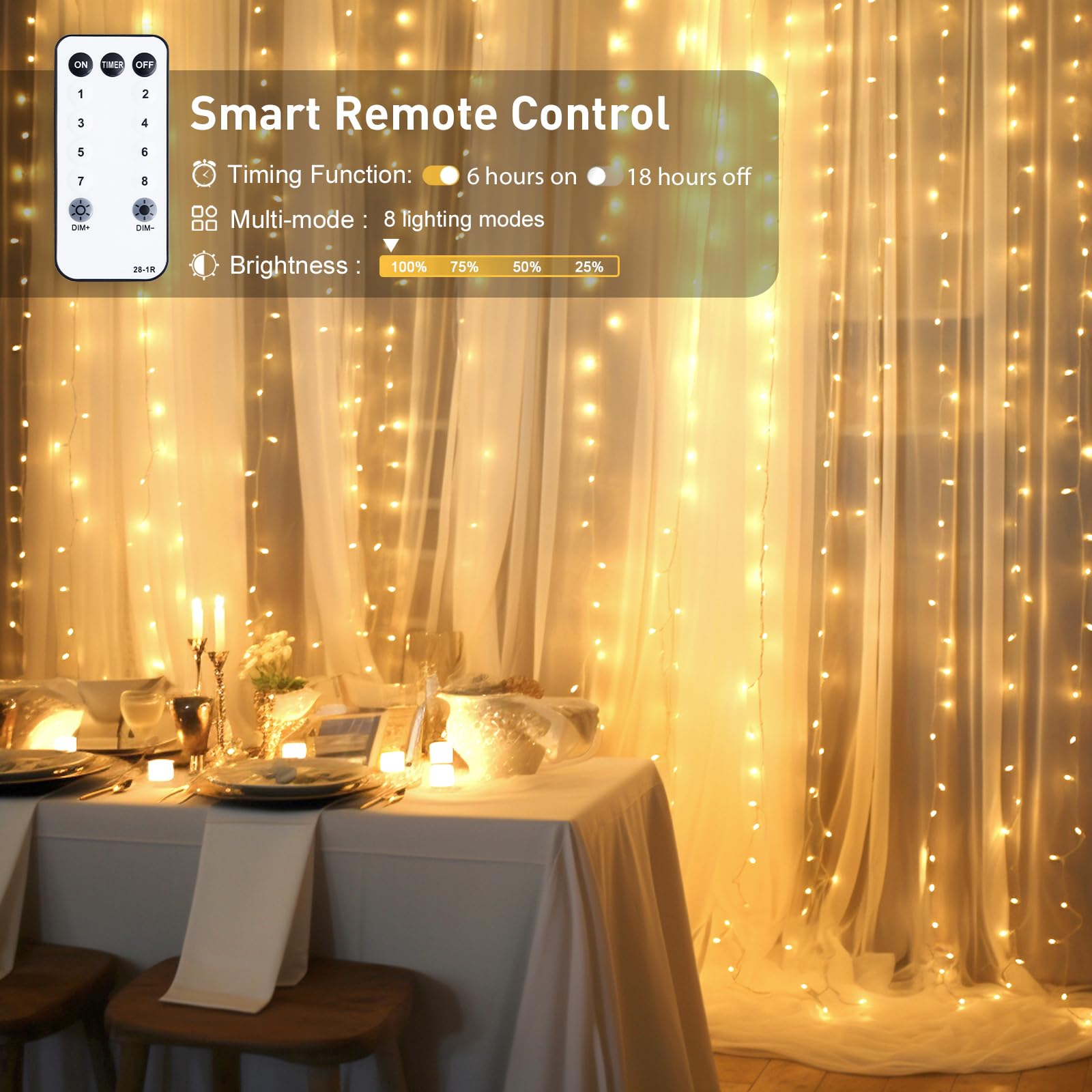 JMEXSUSS 900LED Outdoor Christmas Curtain Lights - 9.5x29.5ft Waterproof String Lights with Remote Control, Warm White Plug-in Hanging Lights for Wedding, Bedroom, Wall Decor, Camping & Holiday Party Backdrop