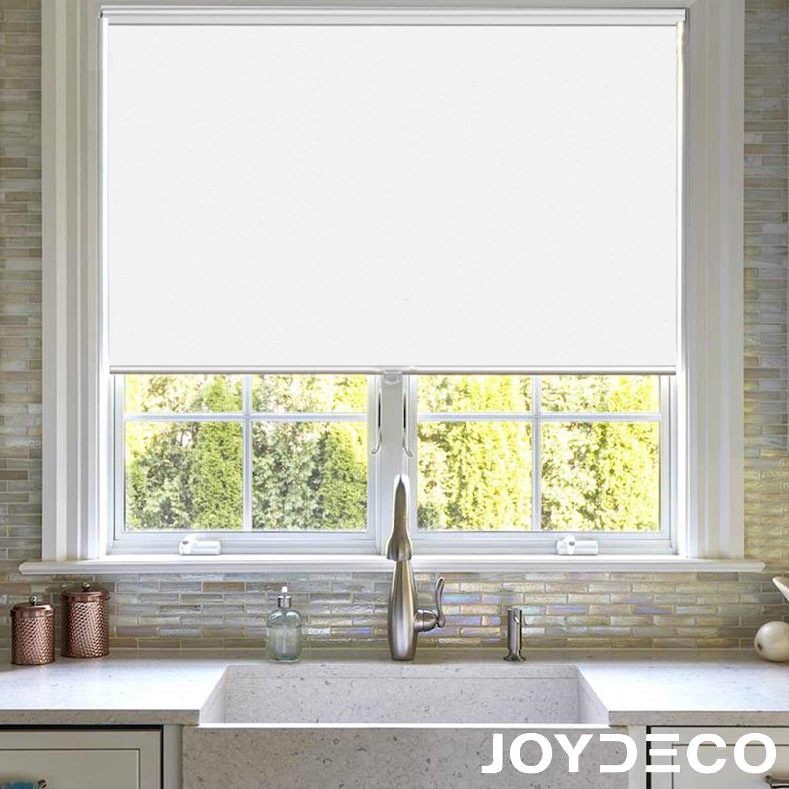 Joydeco 71 Inch Extra Wide Cordless Blackout Window Shades - White Fabric Roller Blinds for Light Blocking & Sun Protection - Indoor Outdoor Use for Patio, Office, Bedroom (71x75 Inches)