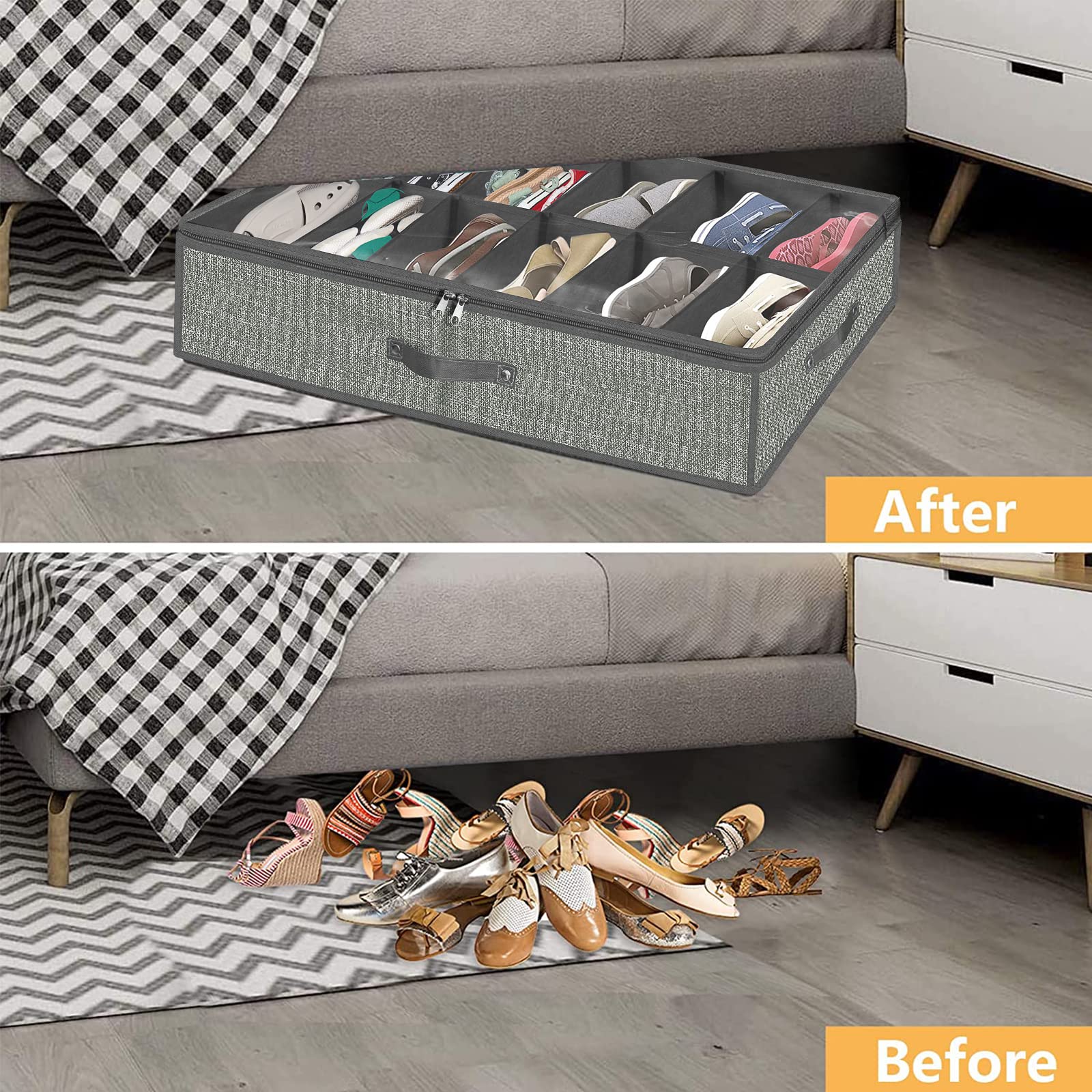 Under Bed Shoe Storage Organizer for Closet - Holds 24 Pairs of Shoes, Sturdy Underbed Shoe Box with Clear Cover, Set of 2 (29.3 x 23.6 x 5.9 Inches, Linen-like Grey) - Perfect for Bedroom, Dorm, Apartment & Small Space Organization