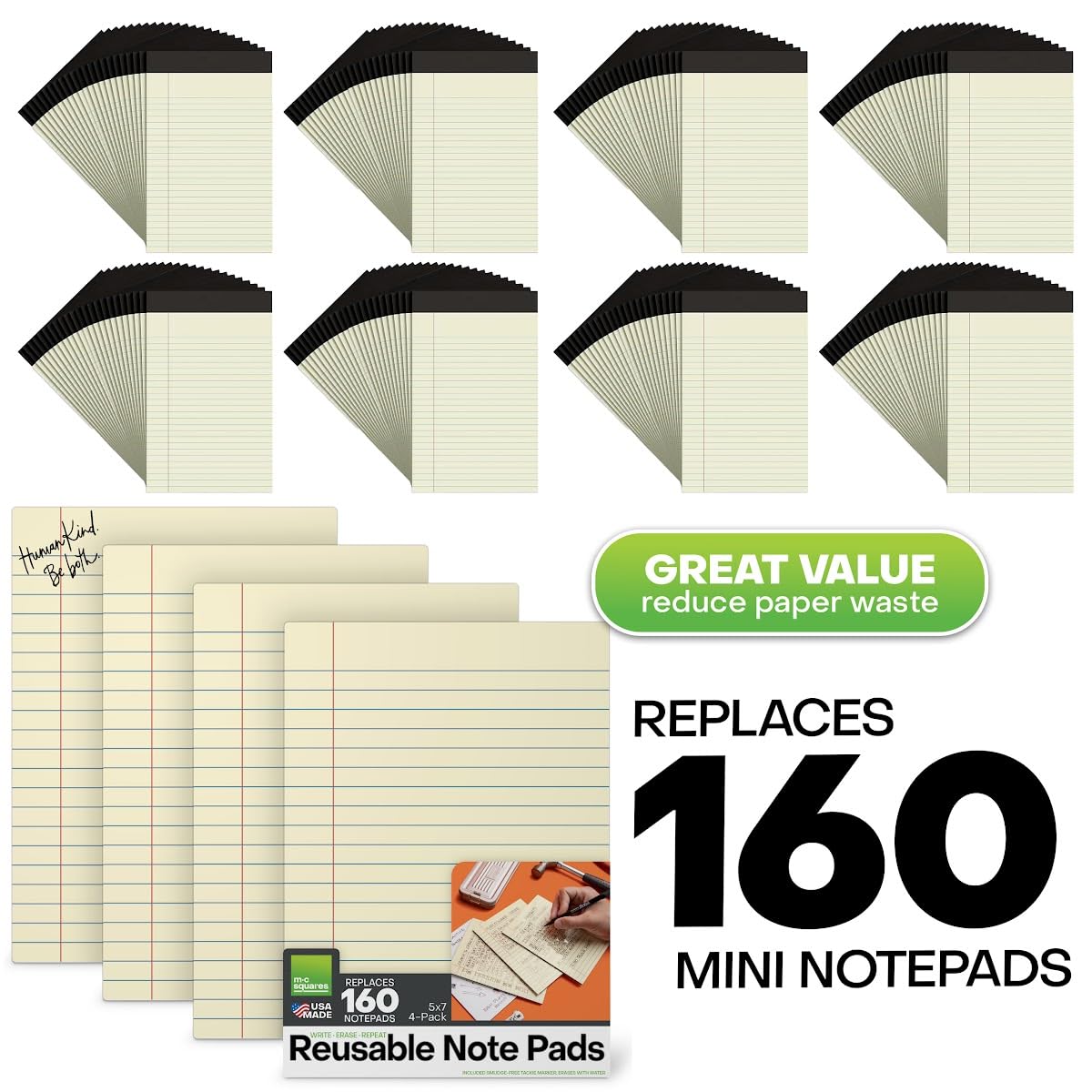 M.C. Squares Reusable Junior Legal Pads | 5x7 Inch 4-Pack Dry Erase Notebook | Lined Canary Yellow Front & Whiteboard Back | Includes Wet-Erase Marker | Perfect for Office, Home, School Notes & Planning | Made in USA