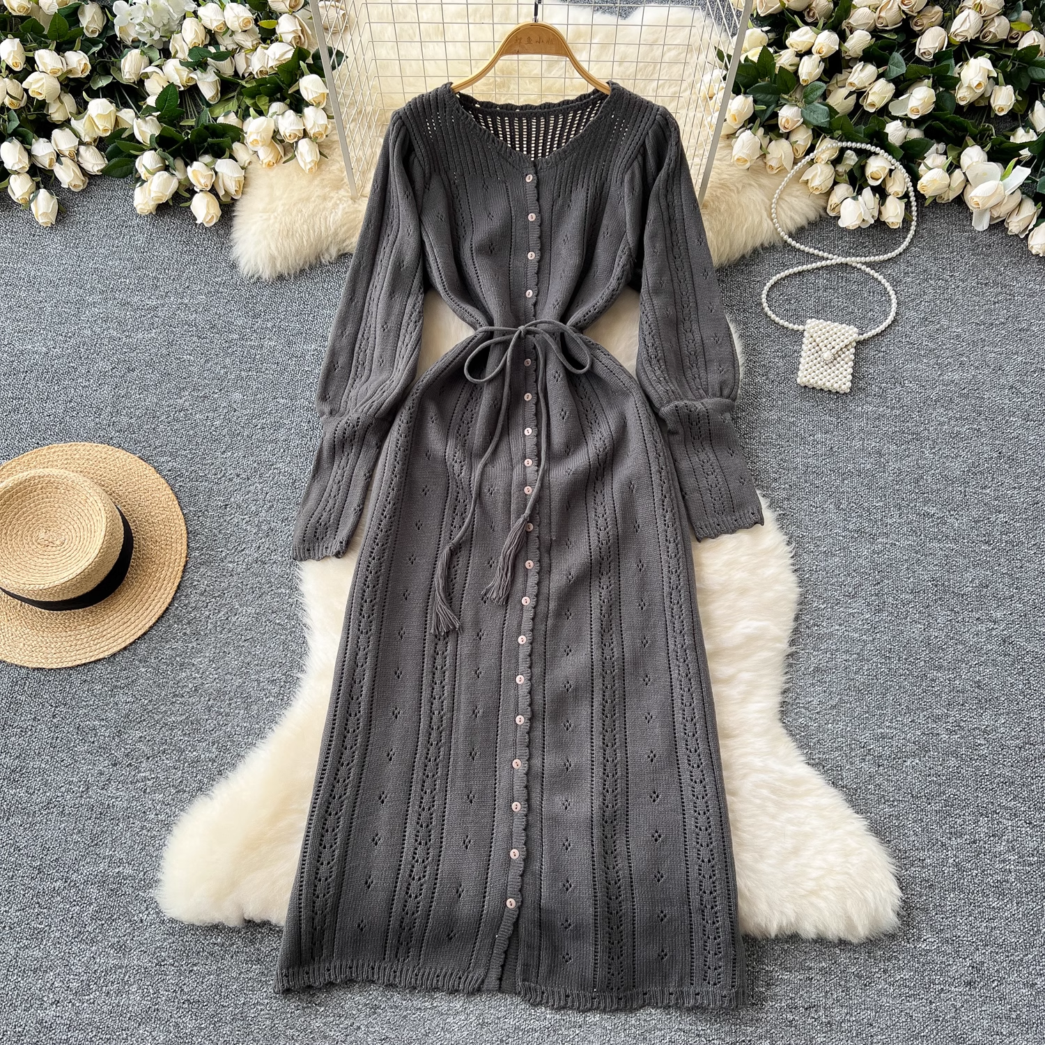 Women's Autumn Winter Knitted Sweater Dress with Sweet Hollow Lantern Sleeves - L15 Size - Perfect for Holiday Parties, Office Wear & Casual Outings