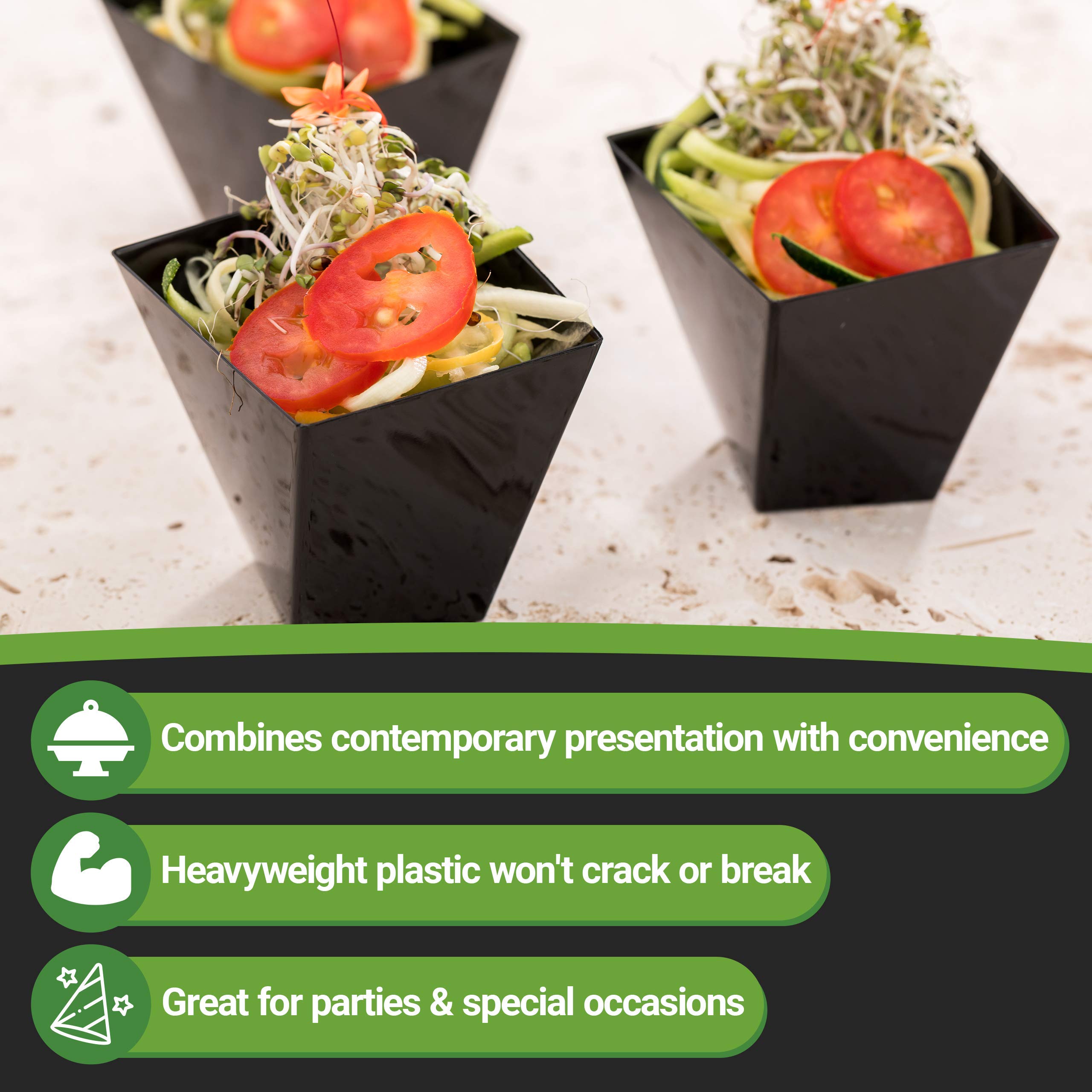 Restaurantware 2 oz Disposable Dessert Cups - 100-Pack Mini Black Plastic Serving Dishes for Parties, Weddings & Catering | Eco-Friendly & Durable for Drinks, Desserts & Food Samples | Perfect for Buffets, Cocktail Receptions & Event Catering