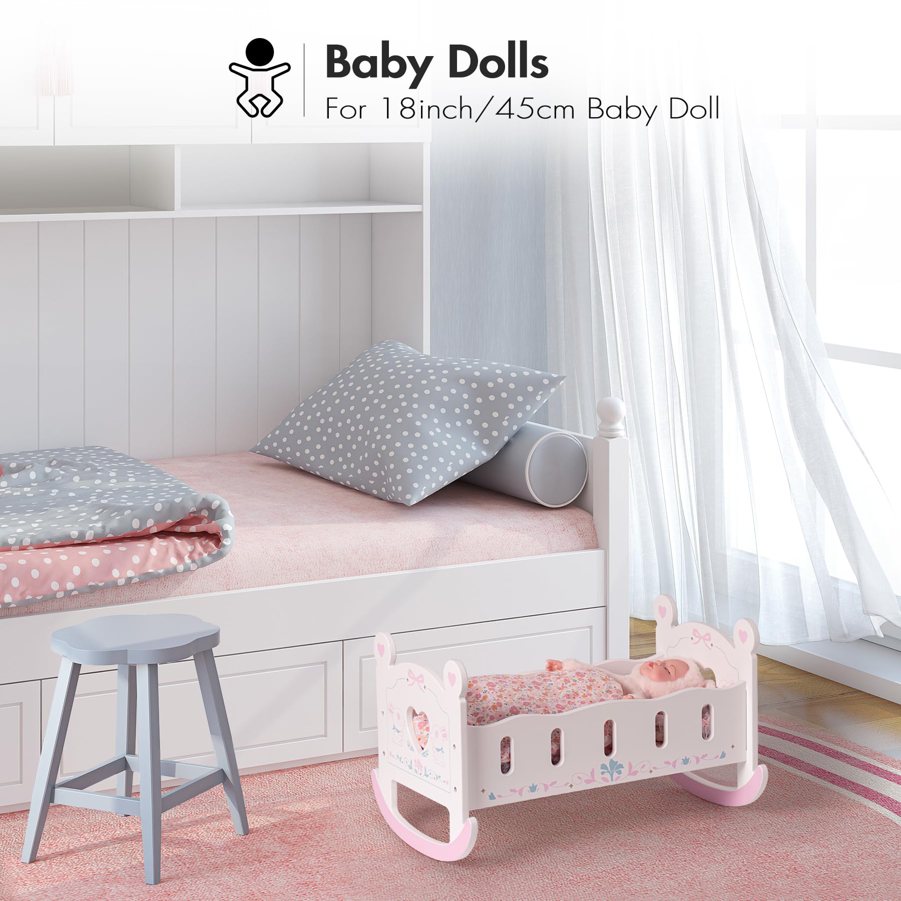 ROBOTIME Wooden Baby Doll Crib with Pink Pad, Blanket & Pillow - 18-Inch Doll Bed Toy, Furniture Accessories Gift for Girls Ages 3+ | Perfect for Pretend Play, Nursery Decor & Role-Playing Games