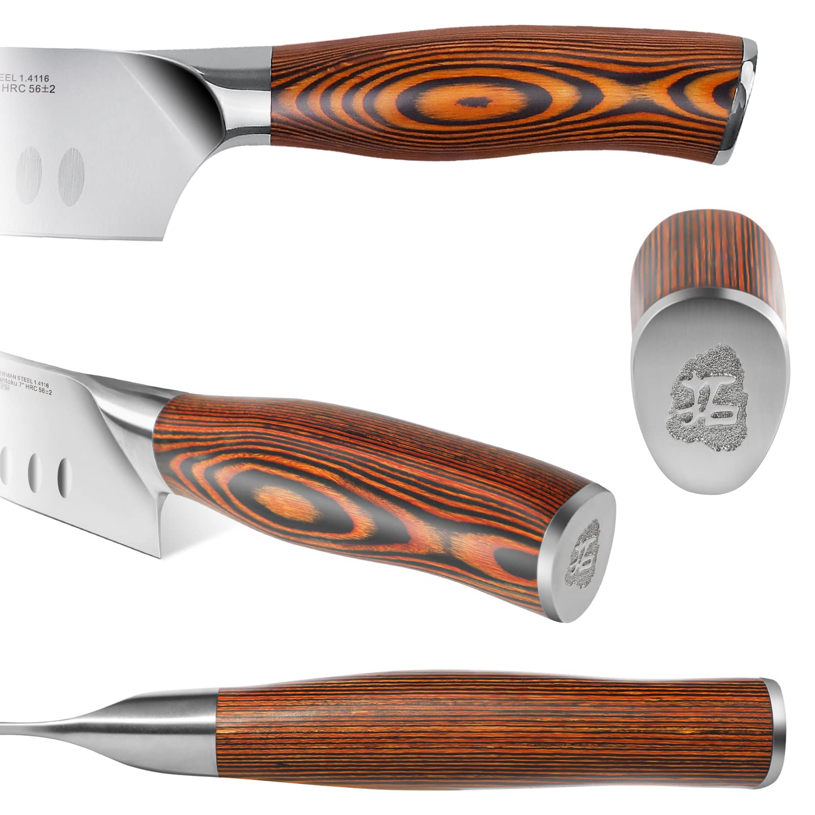 Premium 8-Piece Kitchen Knife Set - German X50CrMoV15 Forged Steel - Rust Resistant Full Tang Knives with Ergonomic Pakkawood Handles - Includes Wooden Storage Block - Fiery Phoenix Series - Perfect for Home Chefs, Cooking Enthusiasts & Professional Kitchens
