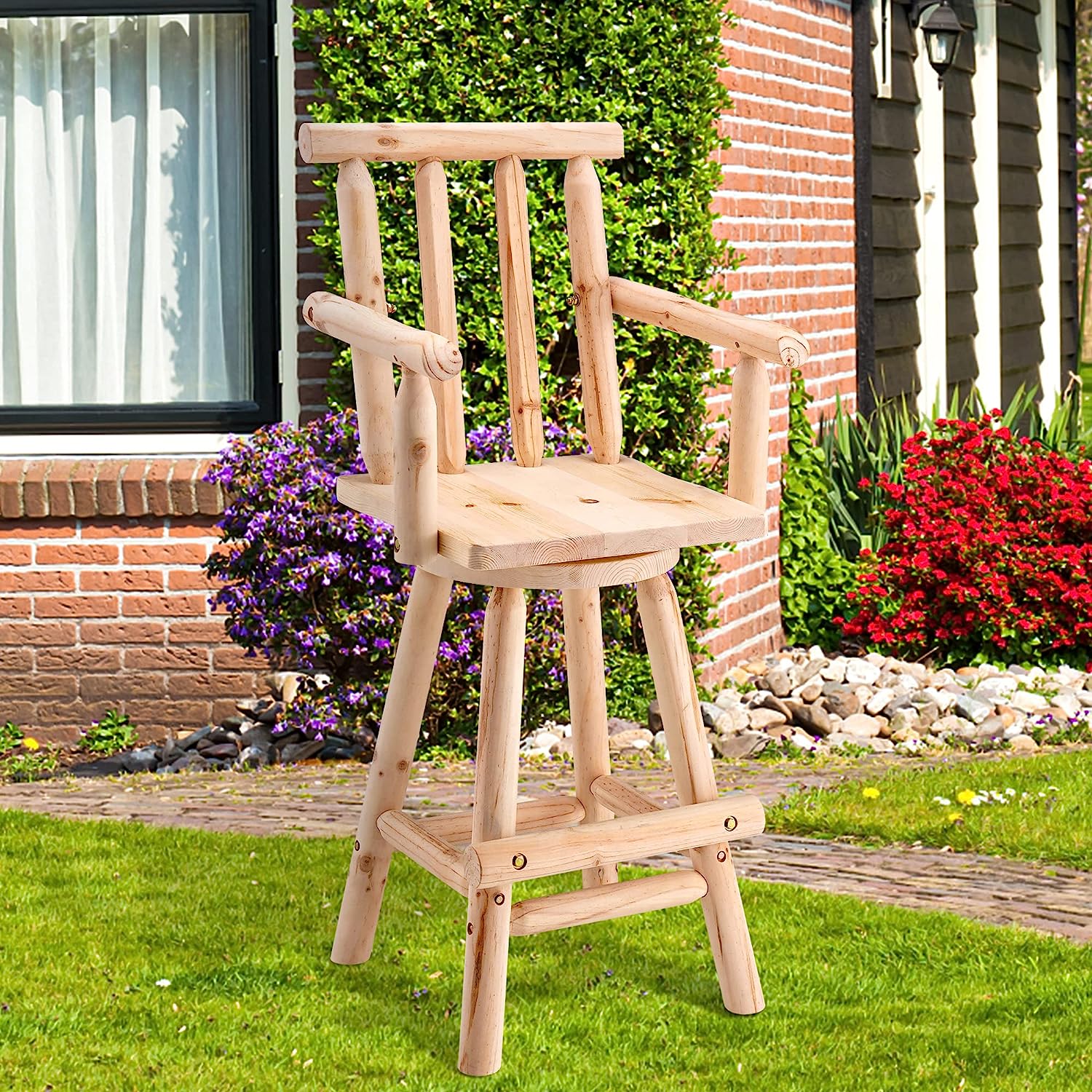 Premium Wooden Swivel Bar Stool - Patio Dining Chair for Outdoor & Indoor Use - Weather-Resistant & Comfortable Bar Height Stool for Backyard, Deck, Garden & Kitchen Counter