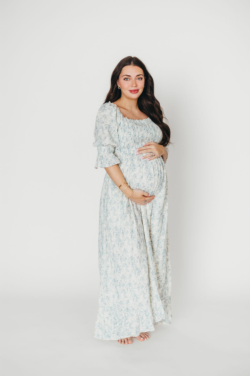 Sienna 100% Cotton Puff Sleeve Maxi Dress - Blue Floral Maternity Dress for Pregnancy | Bump Friendly, Comfortable & Stylish | Perfect for Baby Showers, Maternity Photos & Summer Outfits