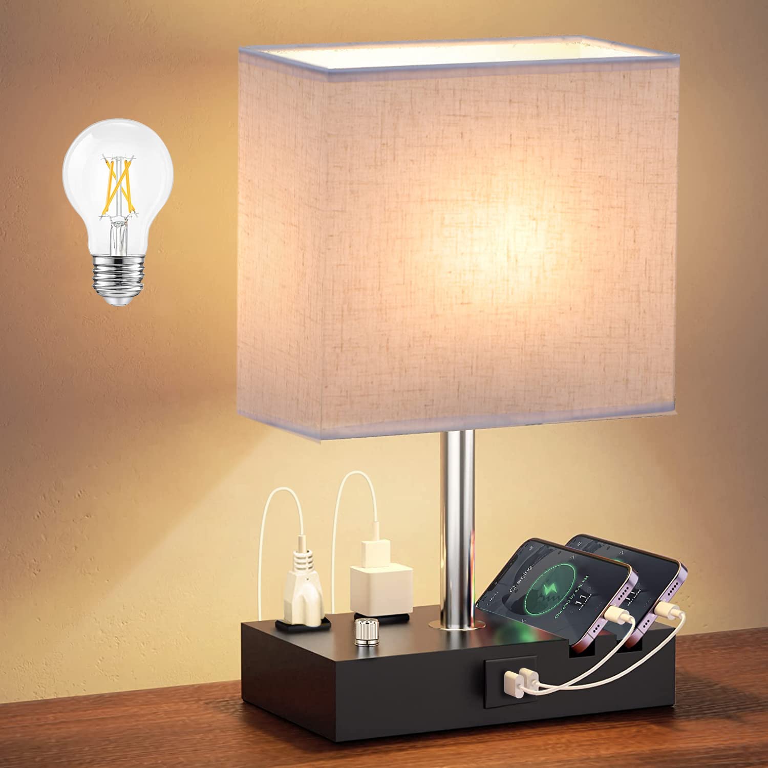 EVISTR Fully Dimmable LED Table Lamp with USB Charging Ports & Power Outlets - Modern Fabric Lampshade Bedside Lamp for Bedroom, Living Room, Nightstand, Office Desk - Includes LED Bulb (Black/Beige) | Perfect for Reading, Working & Charging Devices