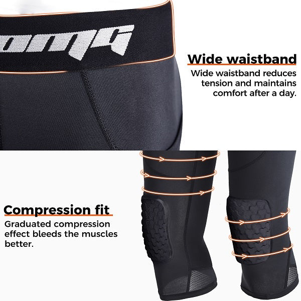 COOLOMG Men's 3/4 Length Compression Tights with Knee Pads - Athletic Workout, Running, Cycling & Sports Performance Leggings