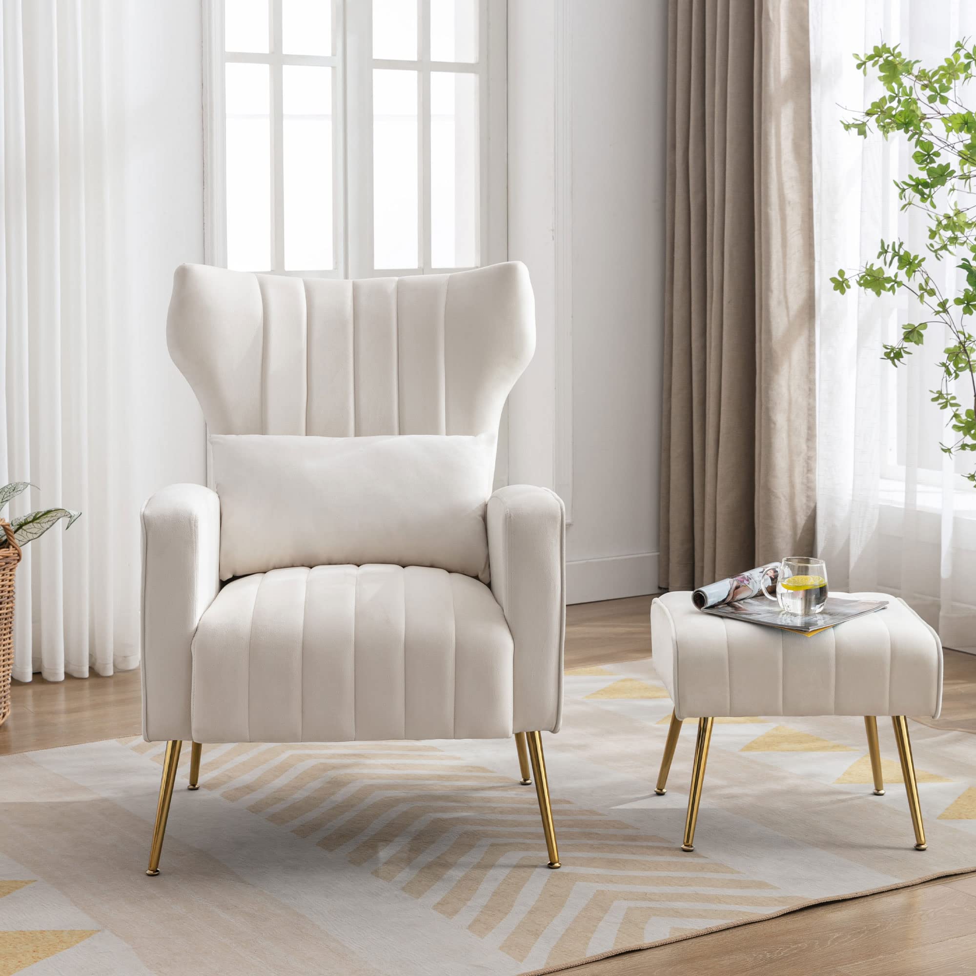 Velvet Wingback Accent Chairs with Ottoman Set of 2 - Upholstered Club Chairs with Gold Metal Legs for Living Room & Bedroom - Cream Reading Armchairs (Perfect for Cozy Reading Nooks & Lounge Areas)