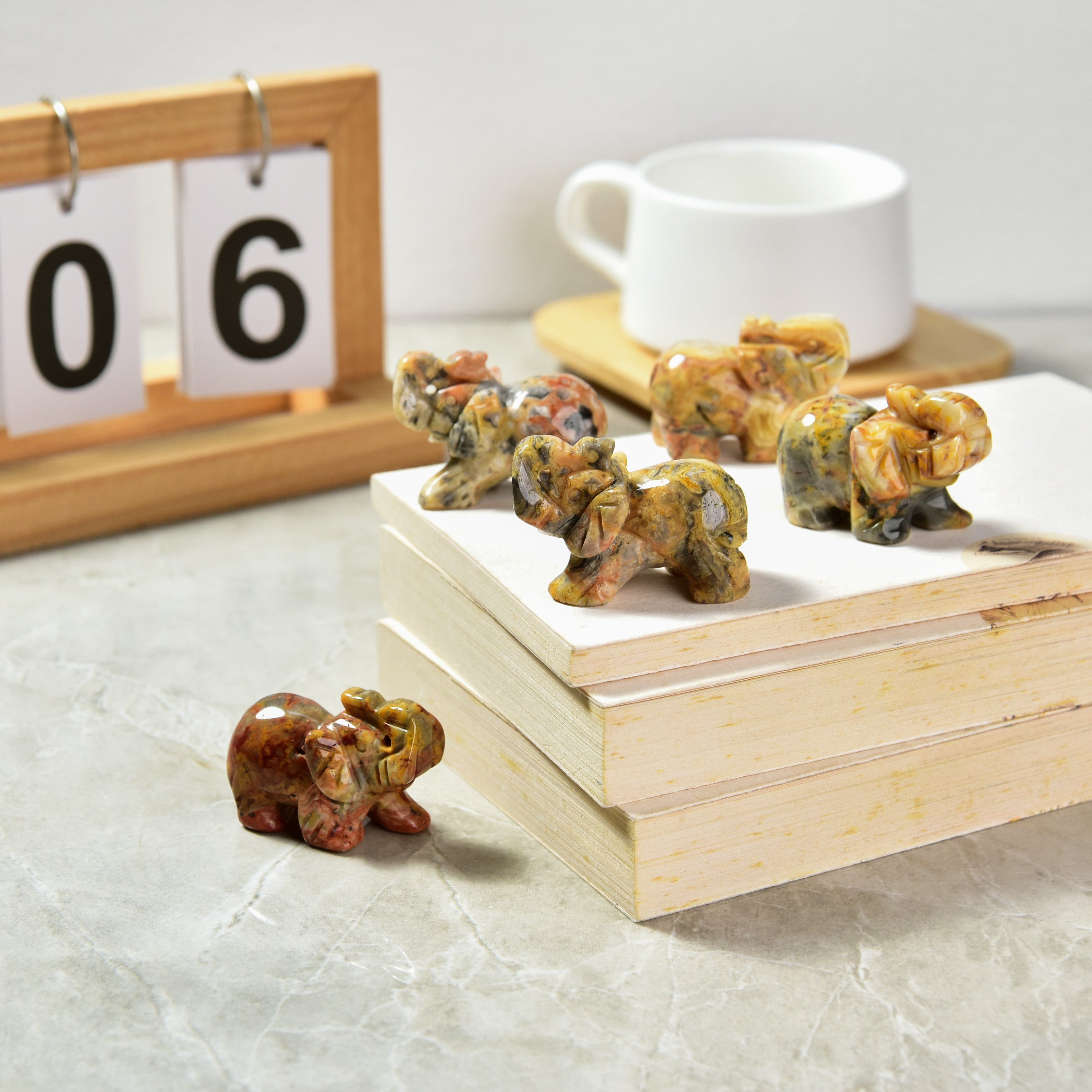 2PCS Natural Crazy Lace Agate Elephant Carving - Handcrafted Gemstone Figurine for Home Decor, Feng Shui, and Spiritual Healing