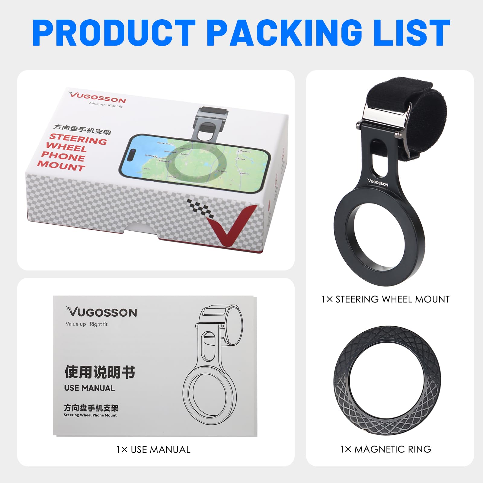 Magnetic Phone Holder for Car - Strong Steering Wheel Phone Mount with Adjustable Strap | Compatible with MagSafe, iPhone, Android | Perfect for Gym Equipment, Strollers & Shopping Carts (Includes Magnetic Ring) - Hands-Free Convenience While Driving, Working Out & Shopping