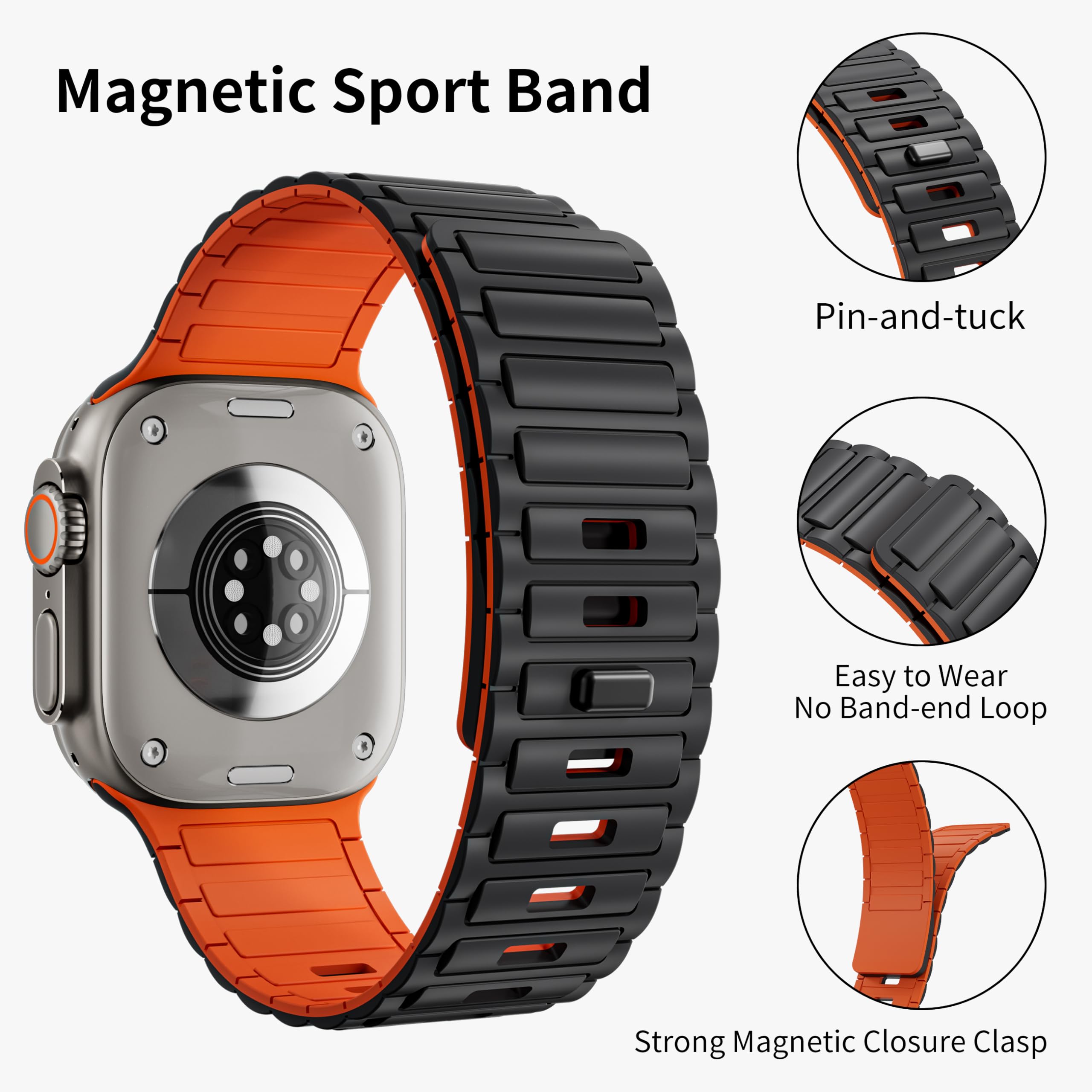 Magnetic Sport Band for Apple Watch Ultra/Series 10/9/8/7/6/5/4/3/SE/2nd - Compatible with 49mm/45mm/46mm/44mm/42mm/41mm/40mm/38mm - Soft Silicone Loop Strap for Men & Women - Perfect for Gym, Running & Everyday Wear