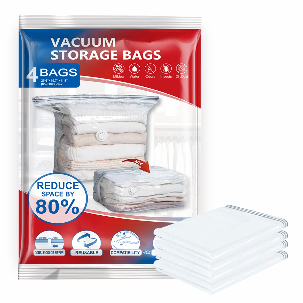 CLEVHOM Jumbo Vacuum Storage Bags 4-Pack (25.59 x 19.69 x 11.81 inches) - Reusable Space Saver Bags for Clothes, Bedding, Blankets & Pillows | Compact 80% More Space | Perfect for Closet Organization, Seasonal Storage & Travel Packing