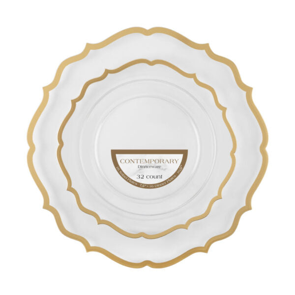 32-Piece Clear & Gold Rim Plastic Dinnerware Set for 16 Guests - Elegant Modern Dinnerware for Parties, Weddings & Outdoor Dining - Shatterproof & Dishwasher Safe