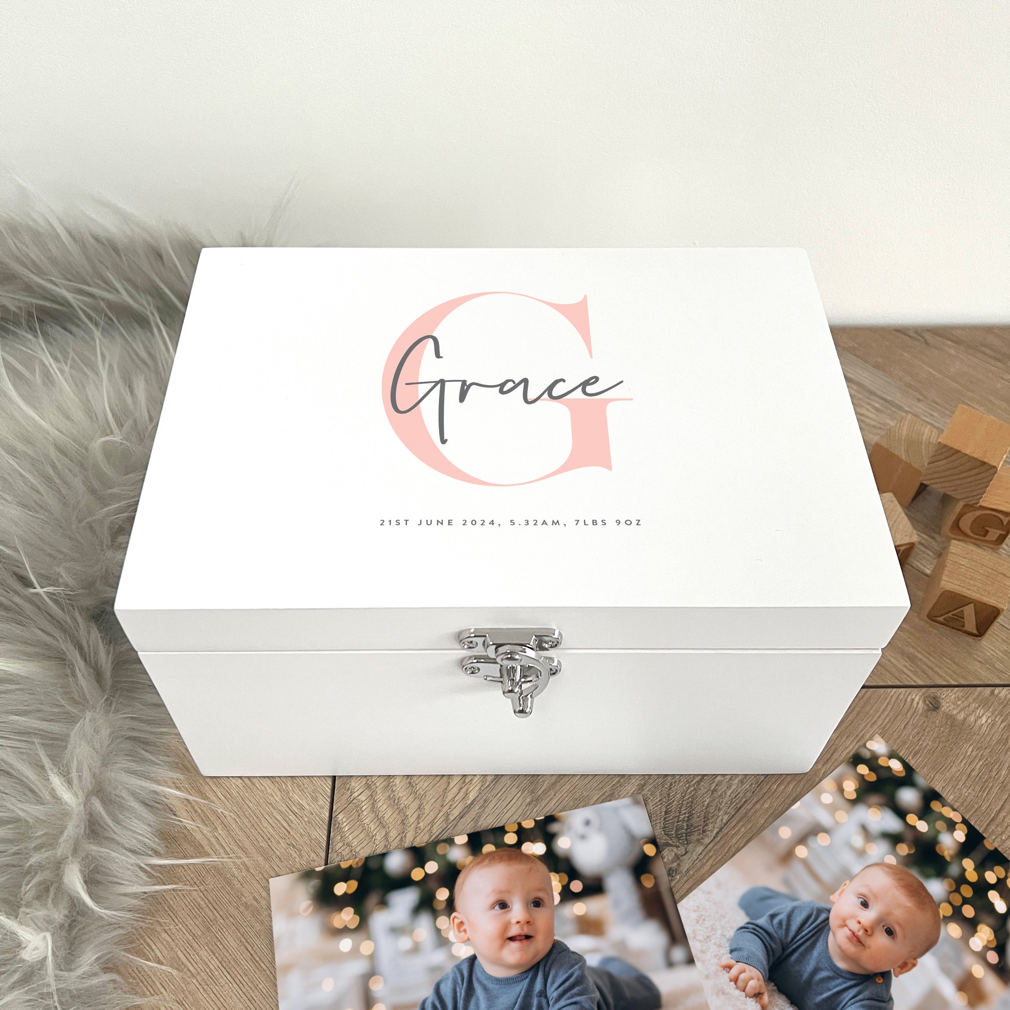 Personalized Baby Keepsake Memory Box - Custom Name & Initial Engraved White Wooden Gift Box for Newborns, 3 Sizes (22cm, 27cm, 30cm) - Perfect for Christening Gifts, Baby Showers & First Birthday Presents