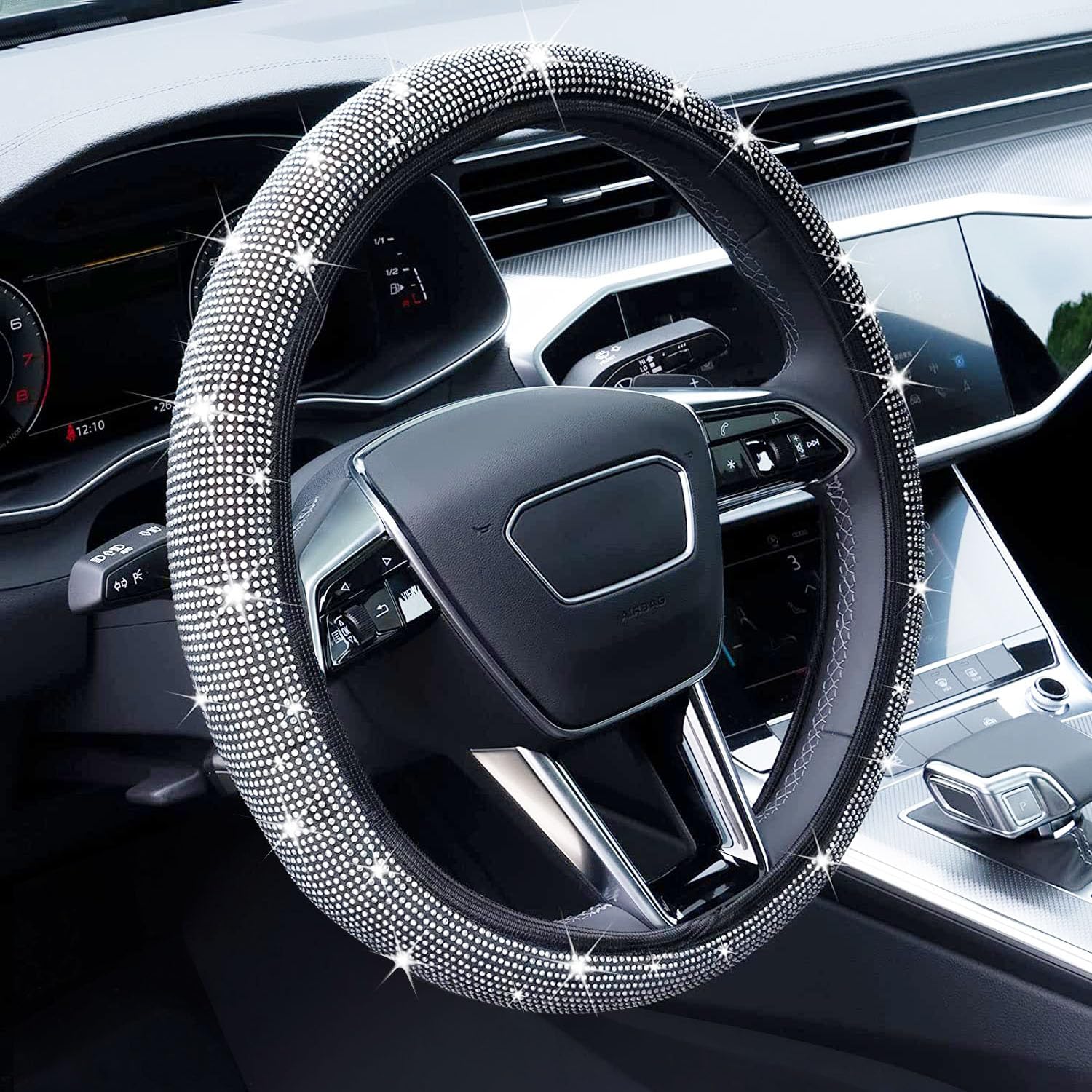 Sparkling Rhinestone Steering Wheel Cover with Crystal Diamonds - Universal Fit 14-15 Inches - Elegant White Car Accessory for Women - Perfect for Luxury Cars, Gifts & Special Occasions