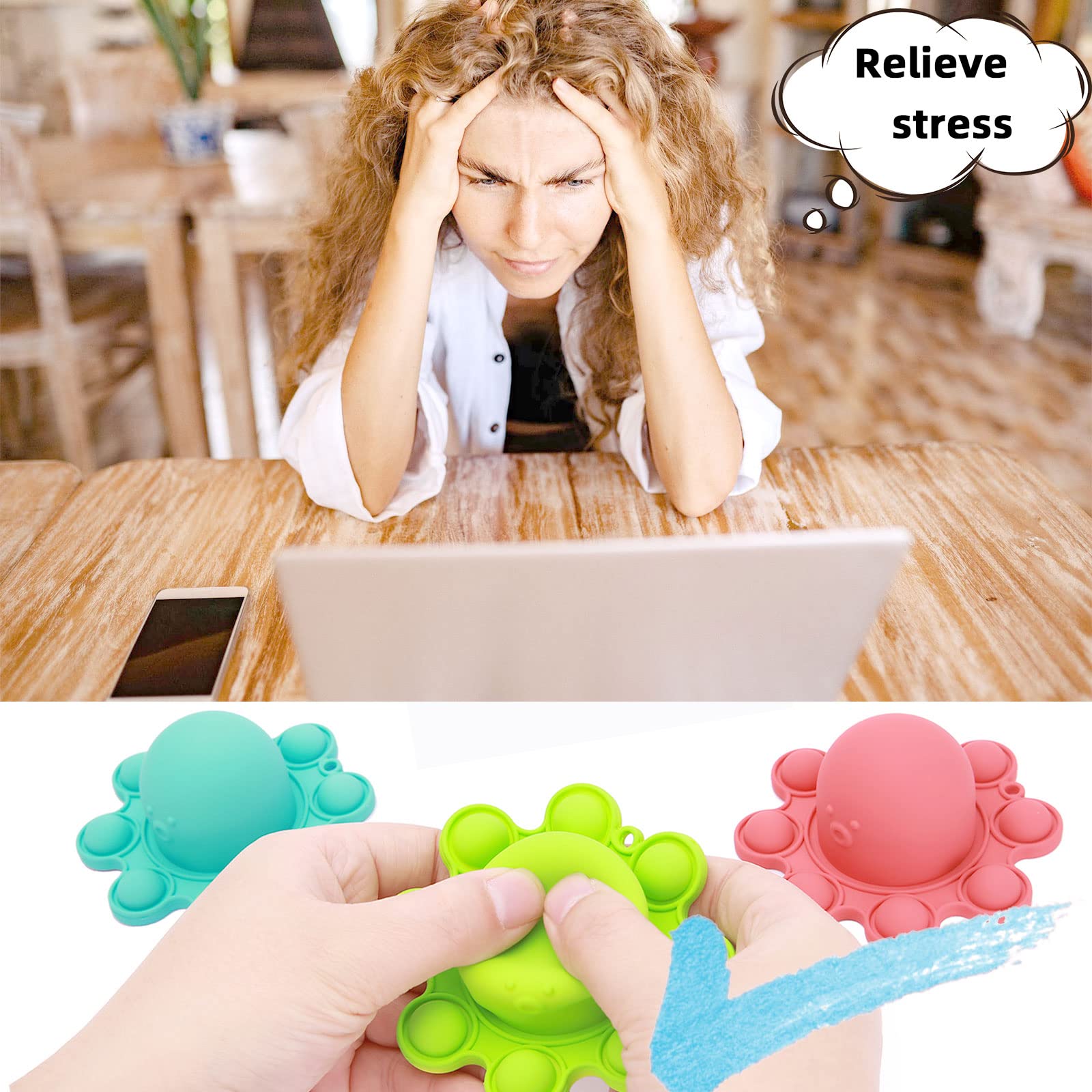 Octopus Pop Fidget Toy 2 Pack - Sensory Stress Relief Toys for Kids & Adults, Anxiety Relief Squishy Flip Toy, Cute Pop Keychain for Boys Girls (Blue & Green) - Perfect for Classroom, Office, Travel & Bath Time Play