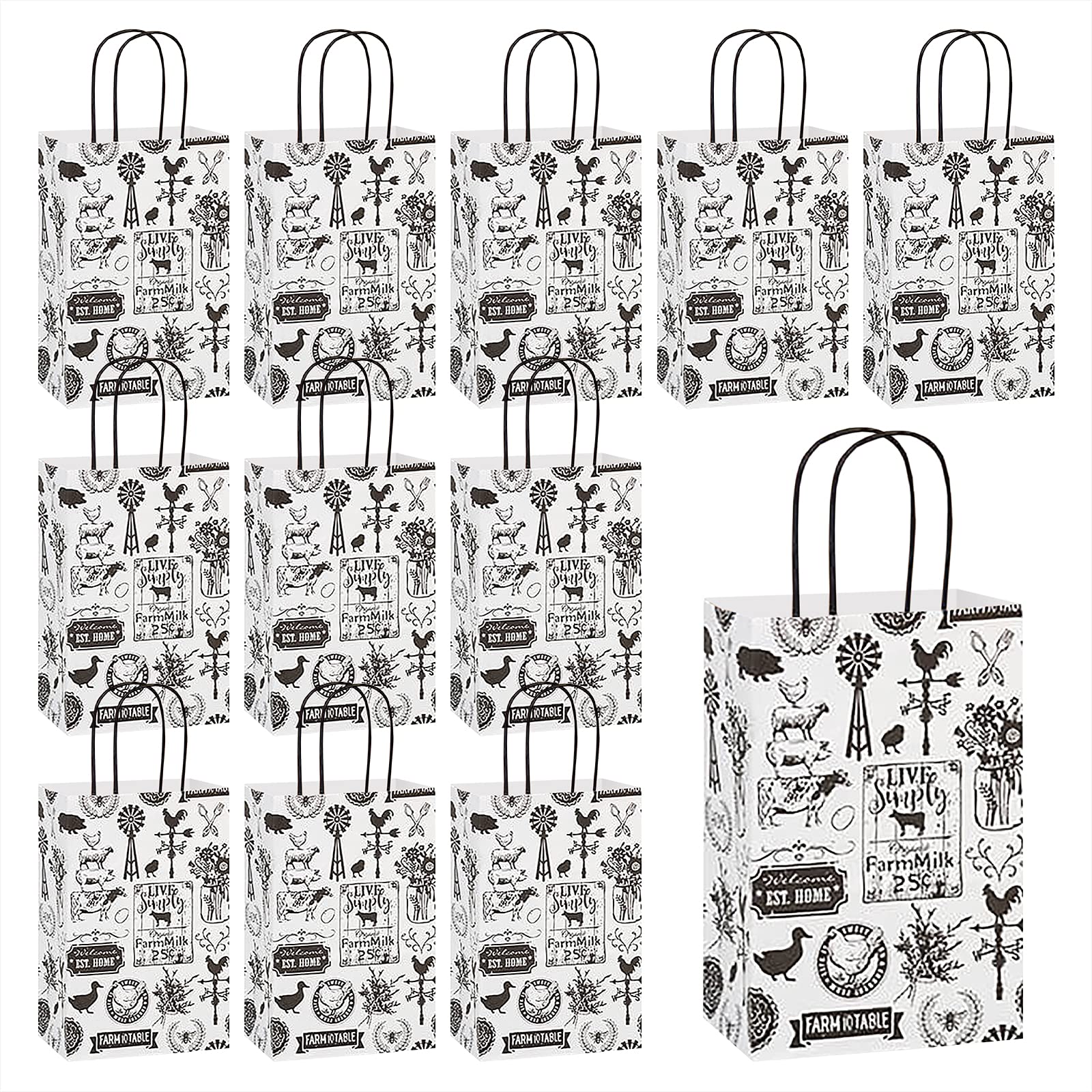Farmhouse Style Printed Paper Gift Bags - 5.25x3.5x8.25 Inches Small Party Favor Bags (12 Pack) - Perfect for Birthday Favors, Wedding Decorations, Baby Showers & Holiday Gift Wrapping