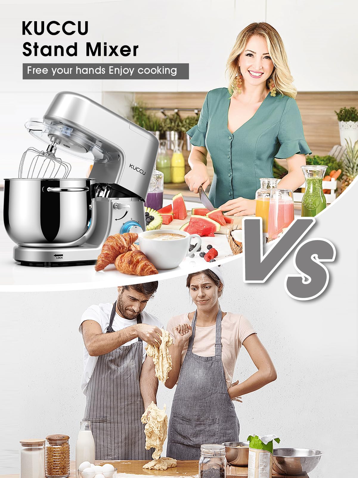 9.5 QT Double Handle KUCCU Stand Mixer - 6 Speed with Pulse, 660W Tilt-Head Electric Kitchen Mixer with Dishwasher-Safe Dough Hook, Flat Beater, Whisk & Splash Guard - Perfect for Home Baking, Cake Mixing & Cookie Dough (Silver)