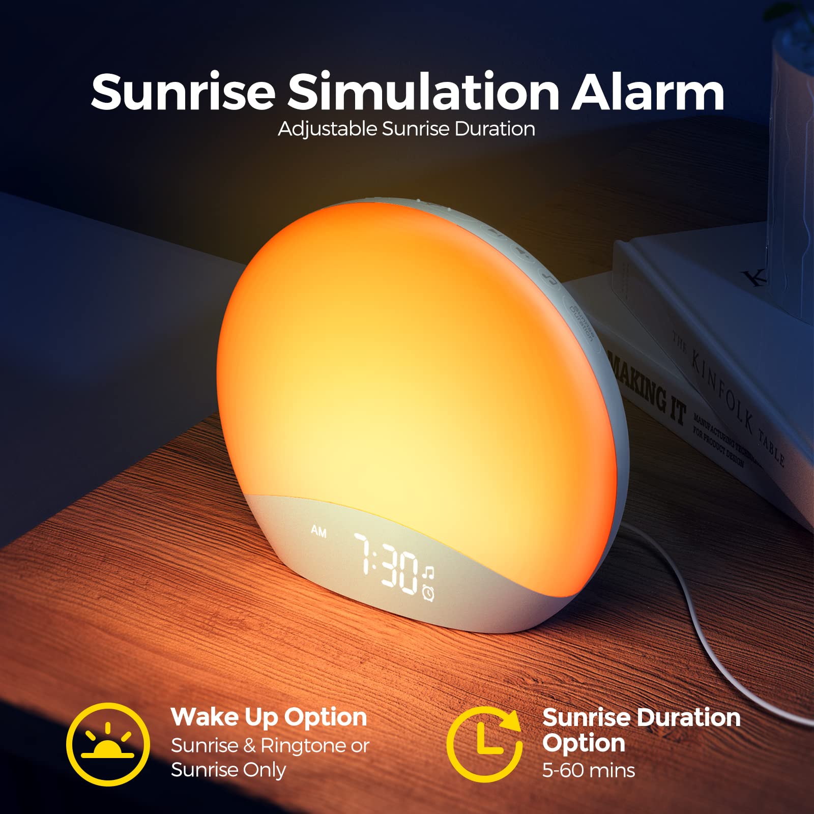 REACHER Sunrise Alarm Clock with Sound Machine & Night Light - 26 Nature Sounds, Dimmable Display, Wake-Up Light for Adults, Kids & Babies (Brown/Pink/White Noise) - Perfect for Bedrooms, Nurseries & Home Offices