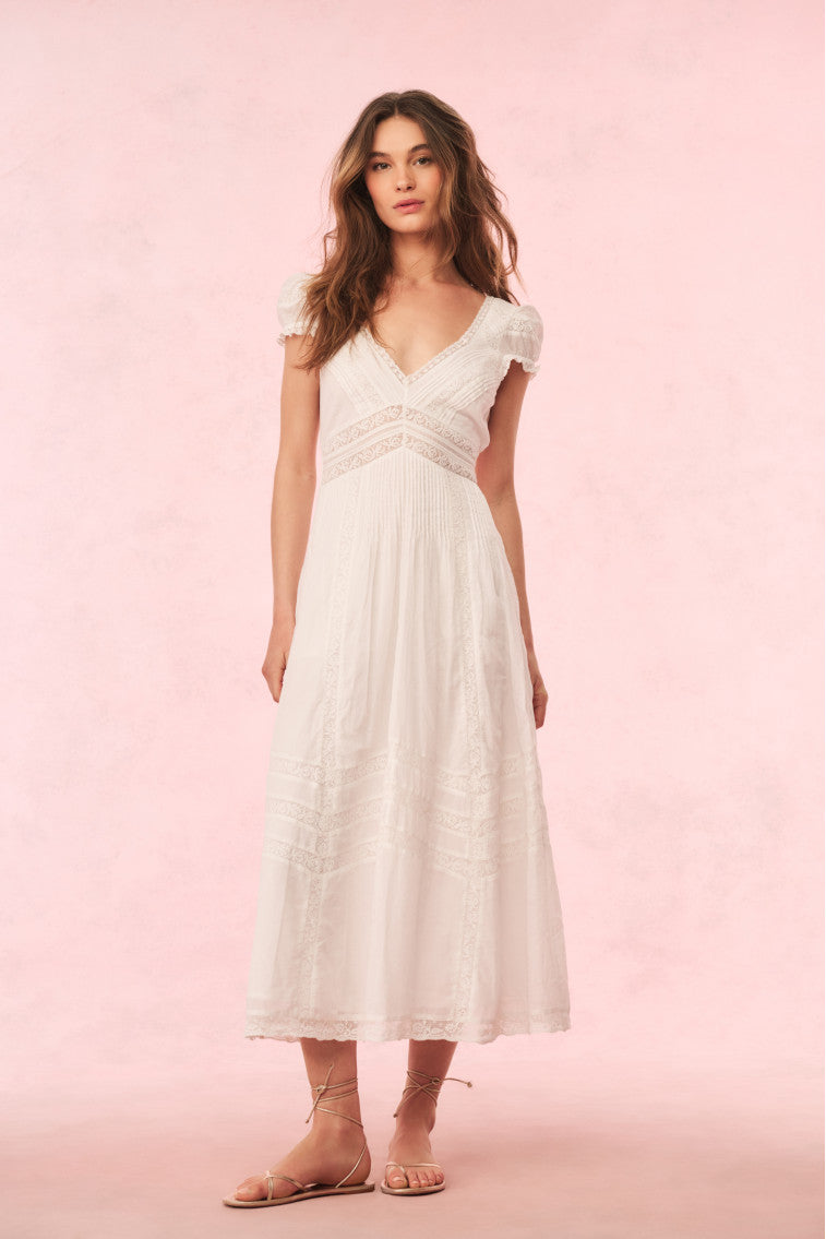 Suvi Cotton Midi Dress for Women - Flowy Summer Casual Dress with Short Sleeves - Perfect for Beach, Vacation, and Everyday Wear (White)