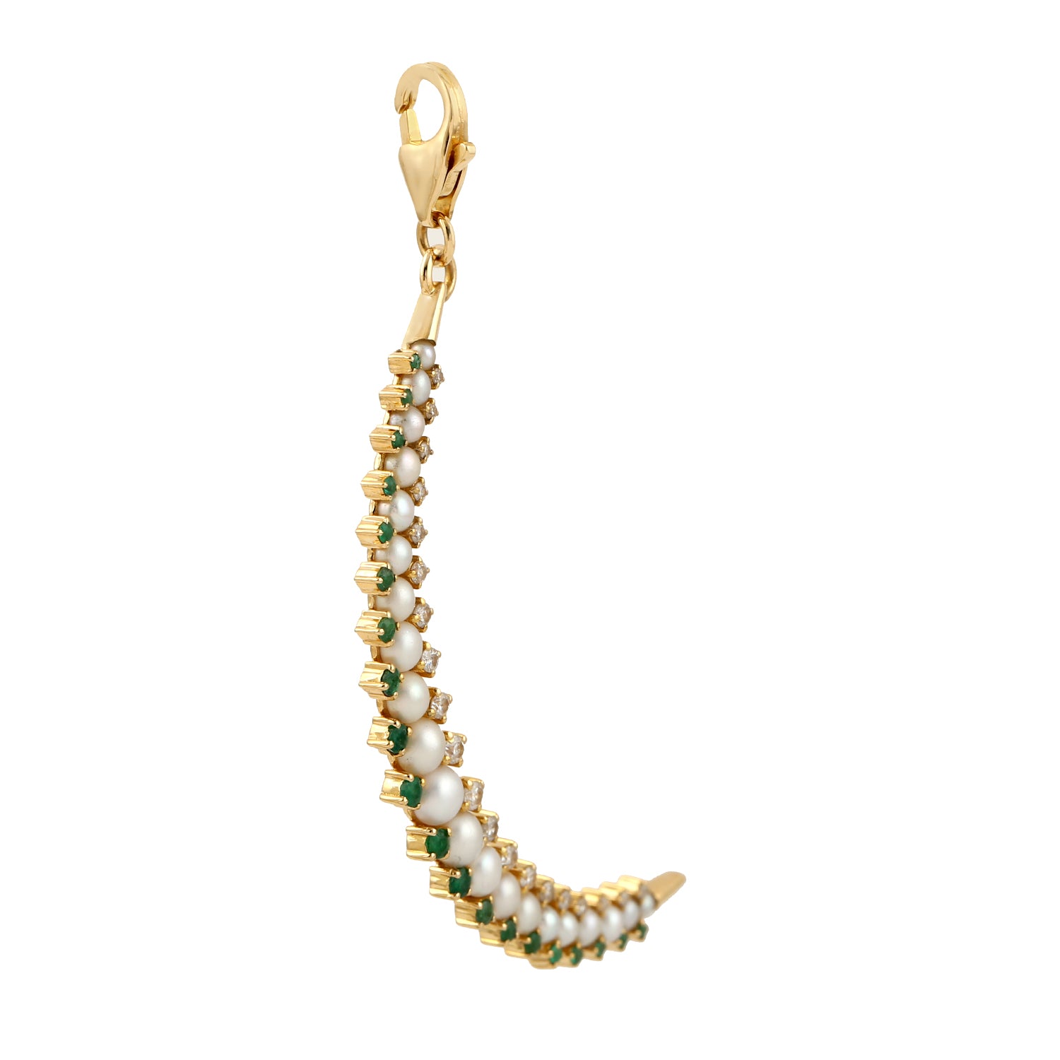 18K Yellow Gold Prong-Set Diamond, Pearl & Emerald Crescent Moon Pendant Necklace - Elegant Jewelry Gift for Women, Perfect for Weddings, Anniversaries & Special Occasions