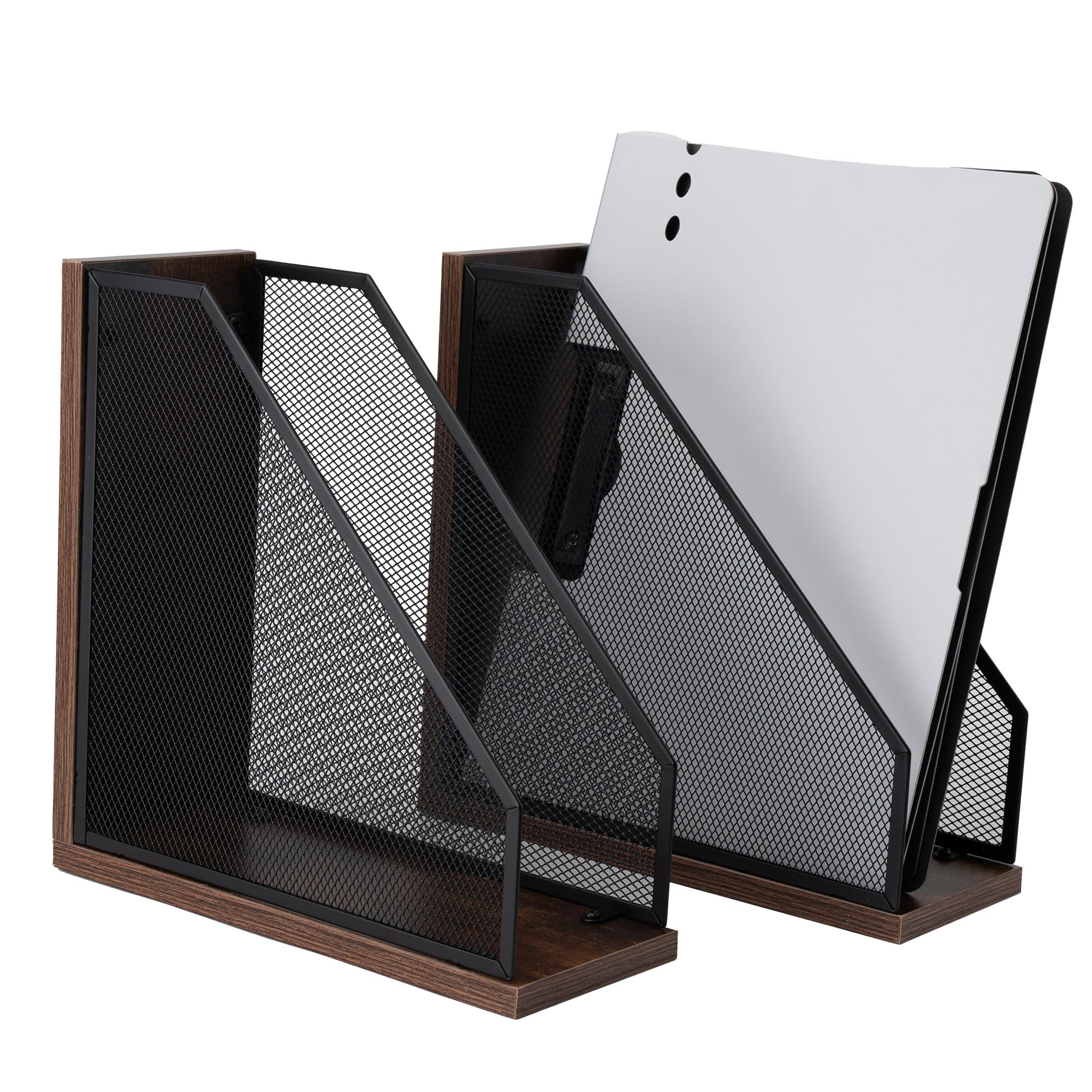 Vintage Wooden Magazine Holder & Mesh File Organizer for Desk - 2 Pack Black Office Desk Accessories, Decorative Storage Box - Perfect for Home Office, Study Room & Workspace Organization