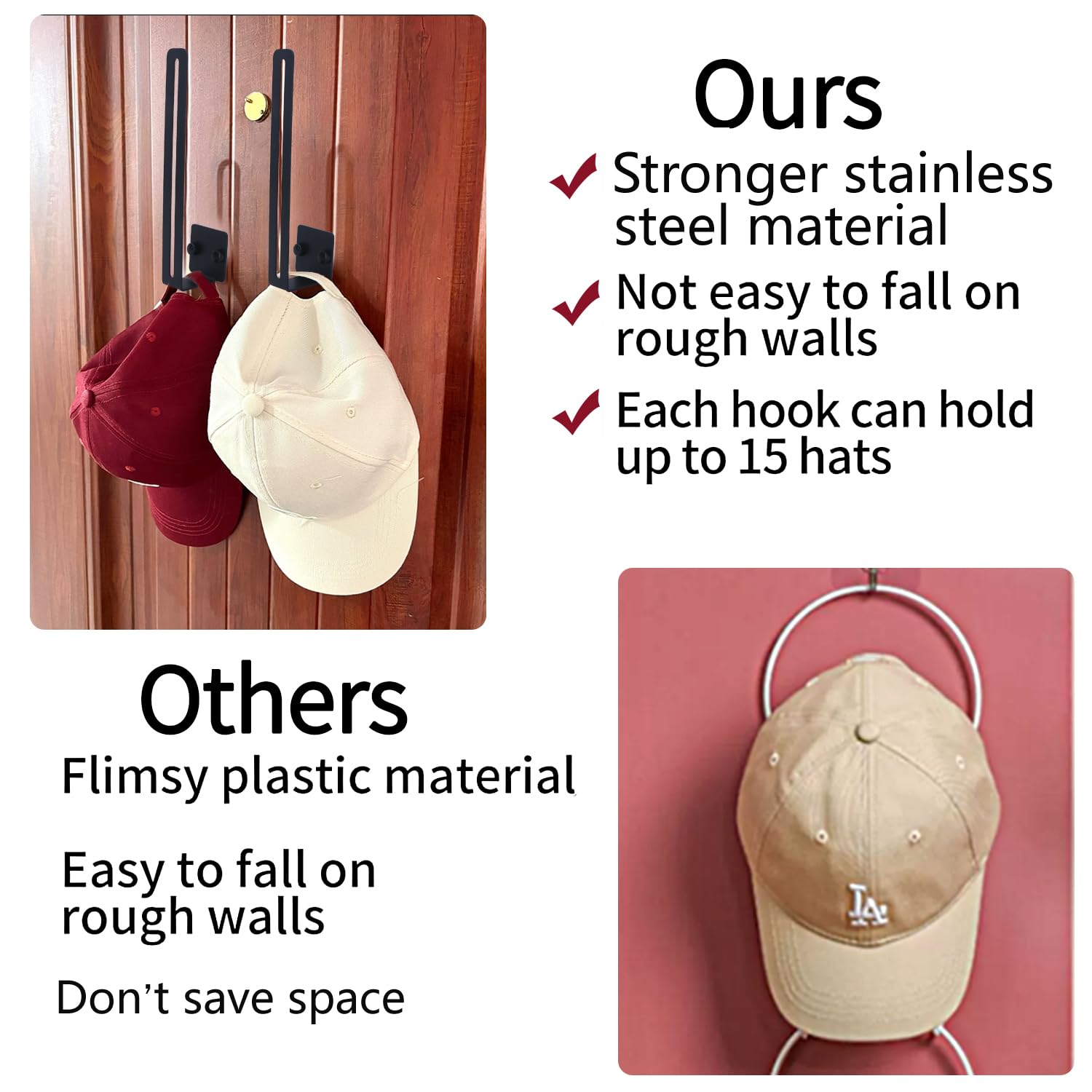 2 Pack Wall Mount Hat Racks for Baseball Caps - Space Saving L-Shaped Adhesive Hat Organizer for Closet, Bedroom & Entryway Storage - Perfect for Organizing Hats, Caps & Accessories in Small Spaces