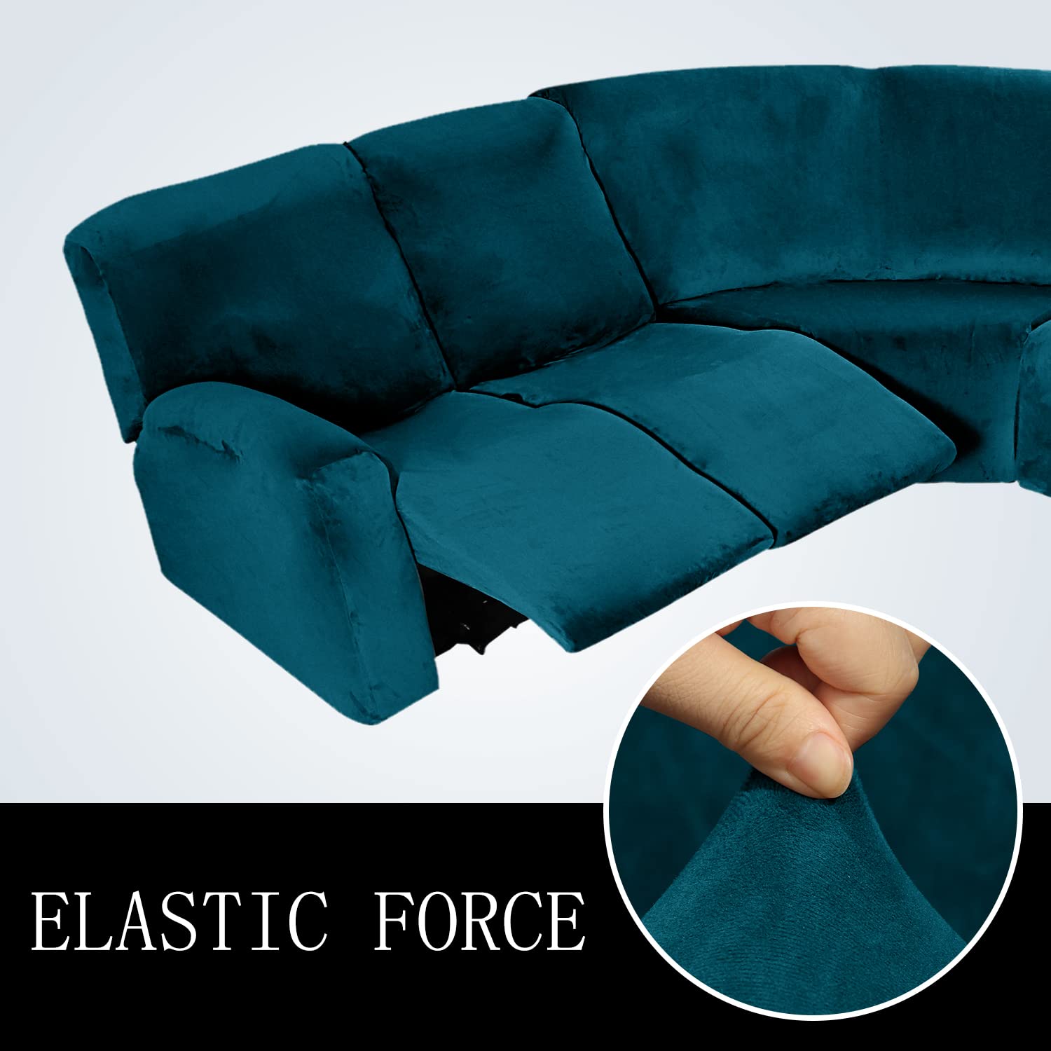 MIFXIN 5 Seat Recliner Sofa Cover Set - 7 Piece Velvet Stretch Slipcover for L-Shaped Sectional Couch, Soft Furniture Protector in Deep Blue - Perfect for Living Room, Family Room & Home Theater Seating