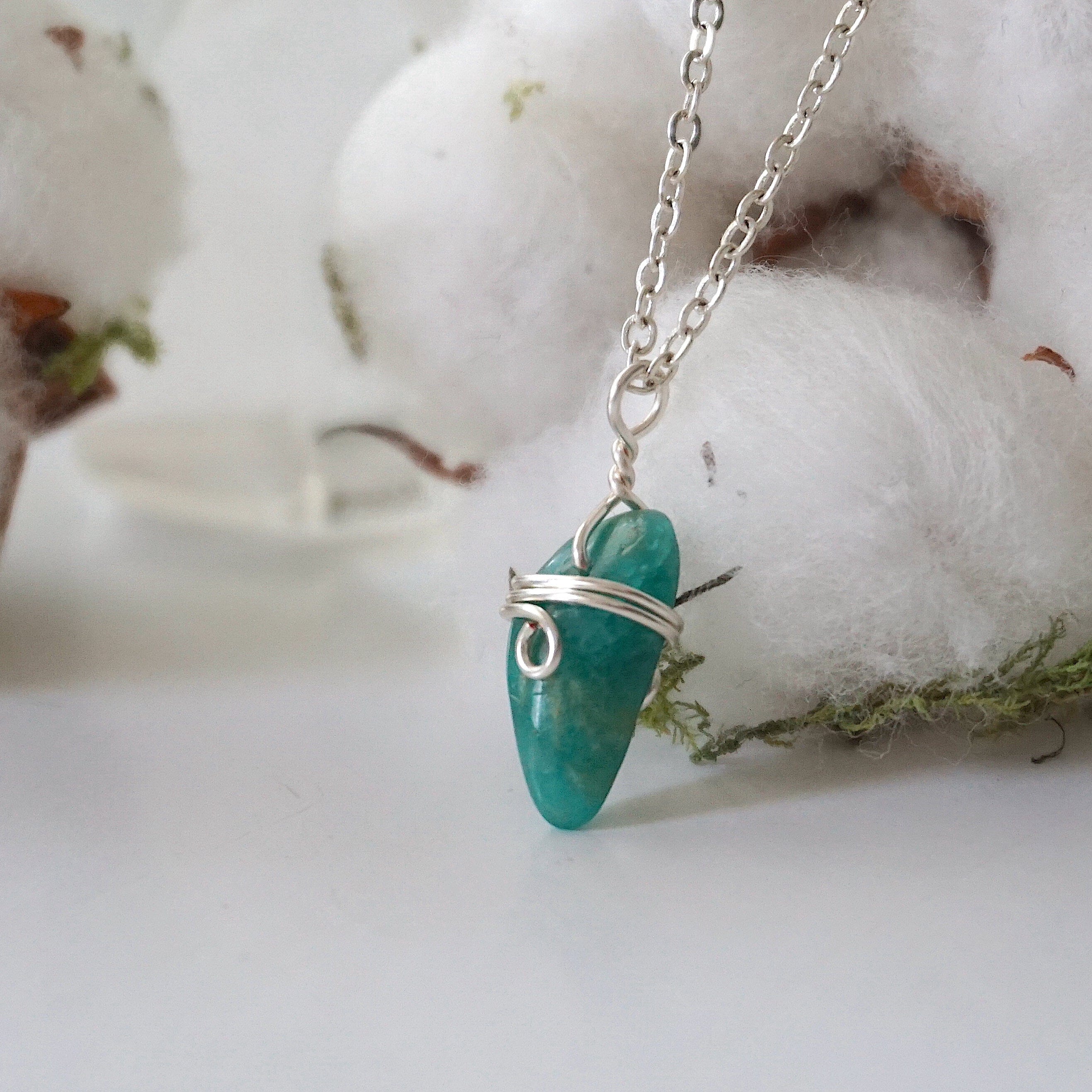 Amazonite Healing Stone Necklace - Sterling Silver Wrapped Charm Pendant for Women - Perfect for Meditation, Yoga & Spiritual Gifts