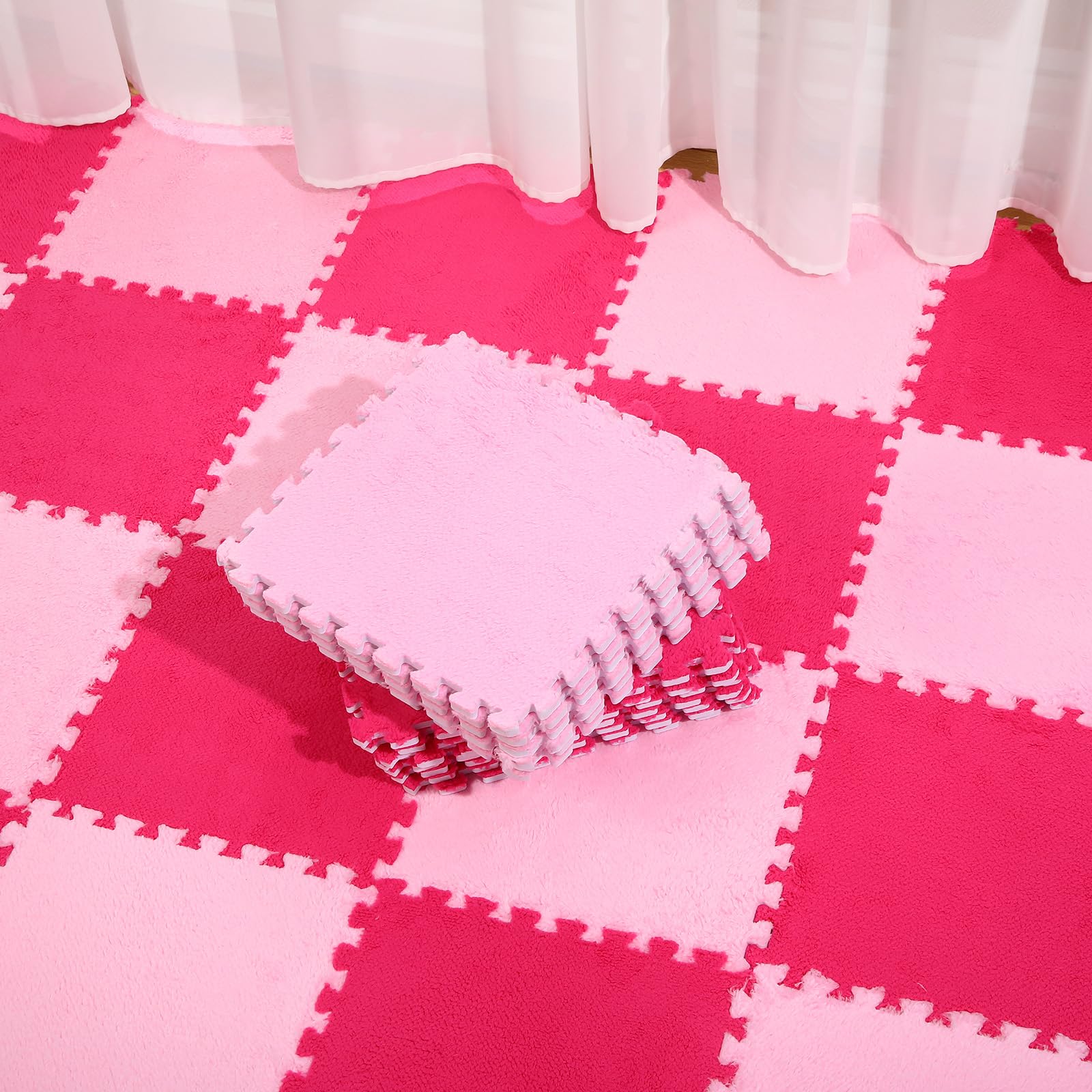 **Ceenna 60-Piece Soft Plush Puzzle Foam Floor Mat - Interlocking Play Mat for Kids, Baby Crawling, Gym & Living Room - Non-Slip, Washable, Durable (Pink & Rose Red) - Perfect for Playrooms, Daycares & Home Decor**