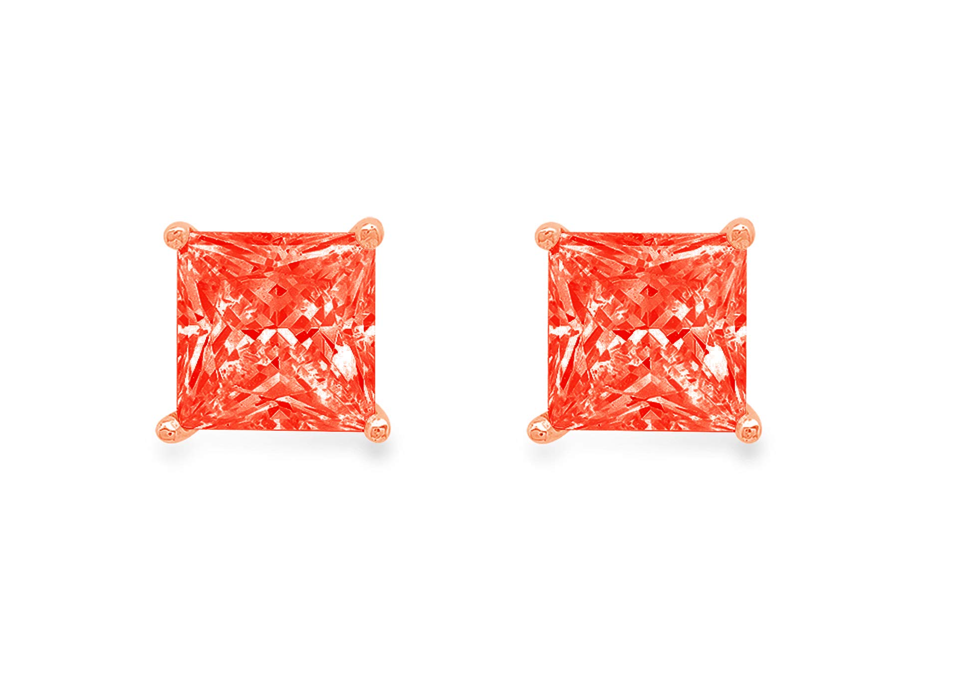 2.0 Carat Princess Cut Solitaire Stud Earrings - Red Simulated Diamond Anniversary Jewelry - 14K Rose Gold Push Back - Perfect for Valentine's Day, Wedding & Special Occasion Gifts