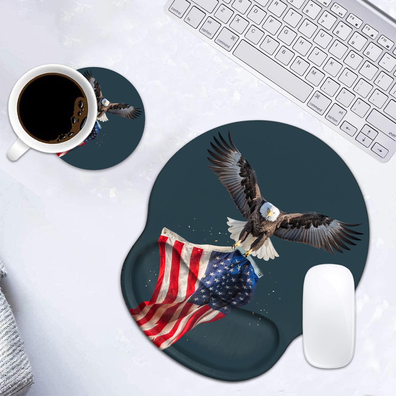Ergonomic Mouse Pad with Wrist Support & Non-Slip PU Base - Cute Coffee Coaster Included - Comfortable for Office, Gaming & Computer Work - Pain Relief & Easy Typing - Patriotic American Flag & Eagle Design - Perfect for Home Office, Workstations & Long Computing Sessions