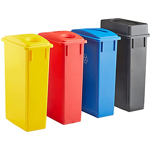 92 Qt. / 23 Gallon / 87 Liter 4-Stream Slim Rectangular Recycling Bin with Color-Coded Lids (Black, Blue, Red, Yellow) - Includes Trash Bag | Eco-Friendly Waste Sorting Station for Kitchen, Home & Office Use