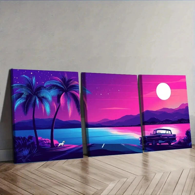 3-Piece Miami Beach Sunset with Palm Trees Wall Art Set - Framed Canvas 40x60cm (16x24in) - High Quality Print, 100% Australian Made, Ready to Hang - Perfect for Living Room, Bedroom & Office Decor