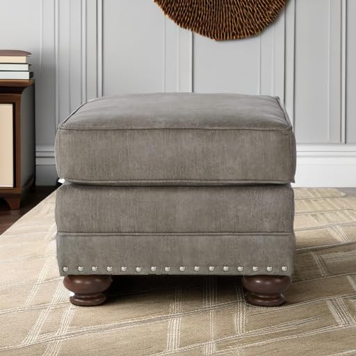 Roundhill Furniture Leinster Faux Leather Upholstered Nailhead Ottoman Footrest Stool - Stone Gray, Modern Living Room Decor, Bedroom Accent, Comfortable Seating for Home Office