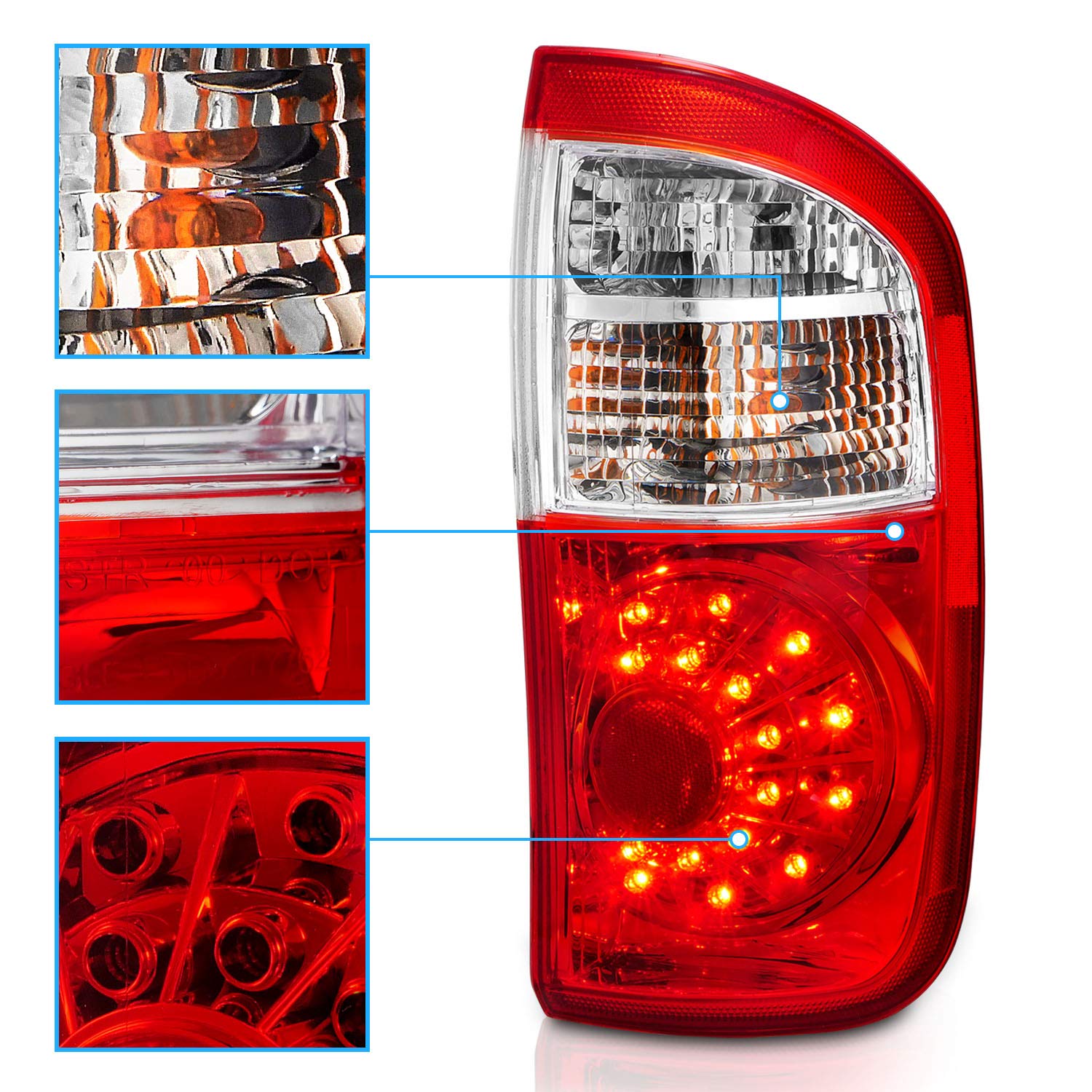 AmeriLite LED Tail Lights for 2000-2006 Toyota Tundra Double Cab - Red Replacement Pair (Left & Right) - Enhanced Visibility & Style for Night Driving and Off-Road Adventures