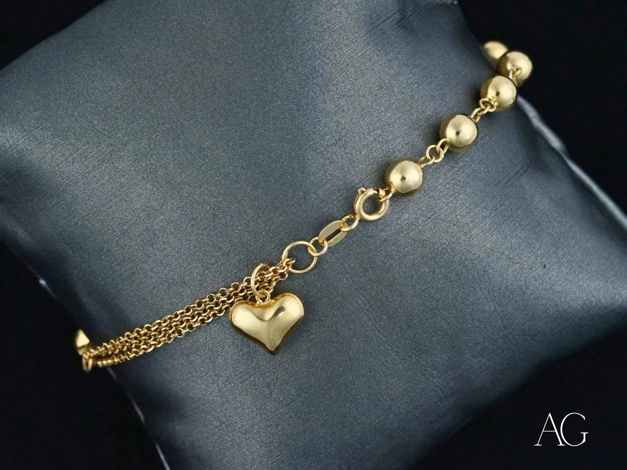 18k Gold Heart Charm Bracelet with Polished Beads - Elegant Jewelry for Women, Perfect for Valentine's Day Gifts & Special Occasions
