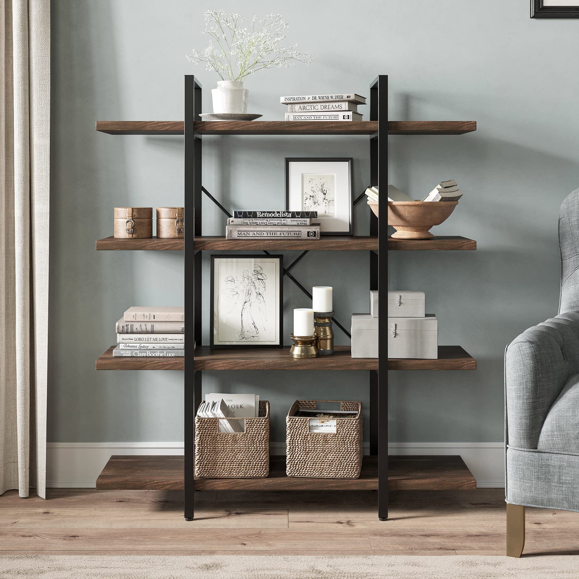 BELLEZE 4-Tier Industrial Bookshelf - Modern Rustic Wood & Metal Bookcase with Storage Display Rack, Open Wide Office Etagere Shelf - Hazel (Dark Walnut) - Perfect for Home Office, Living Room & Library Organization