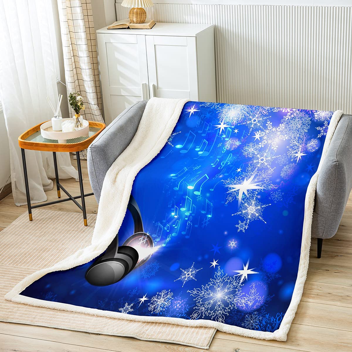 Snowflake & Headset Sherpa Fleece Blanket Twin Size 60x80 Inches - Musical Notes & Winter Snow Ice Crystals Print Throw Blanket for Kids Room Decor - Navy Blue Cozy Fleece Blanket for Bed, Sofa & Winter Camping