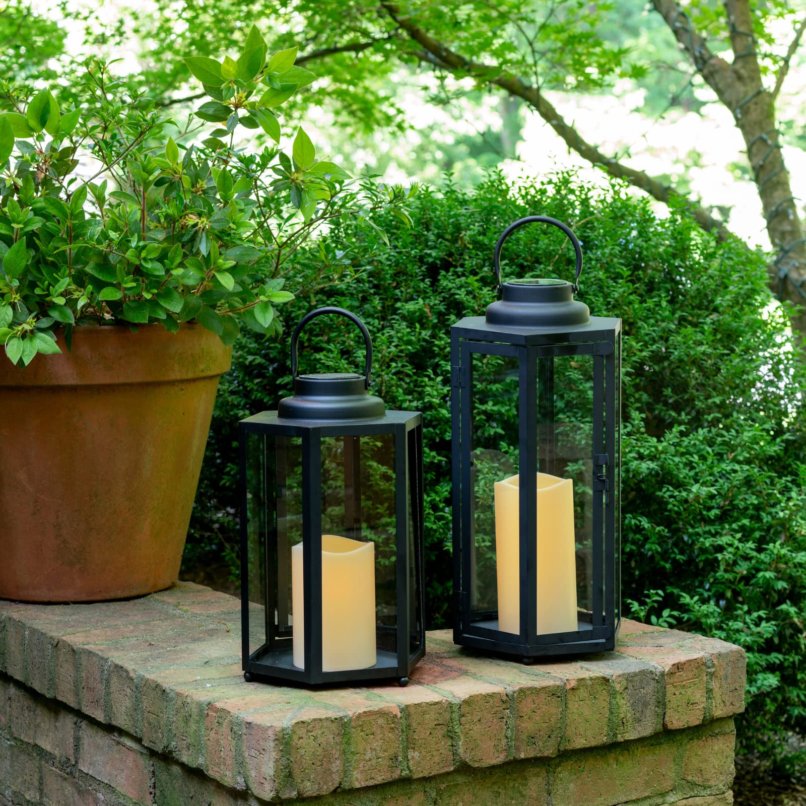 Outdoor Solar Powered Decorative Lantern with Flameless Candle - 14 Inch Black Metal & Glass Waterproof Hanging Light for Porch, Garden, Patio - Perfect for Evening Ambiance, Wedding Decor & Holiday Lighting