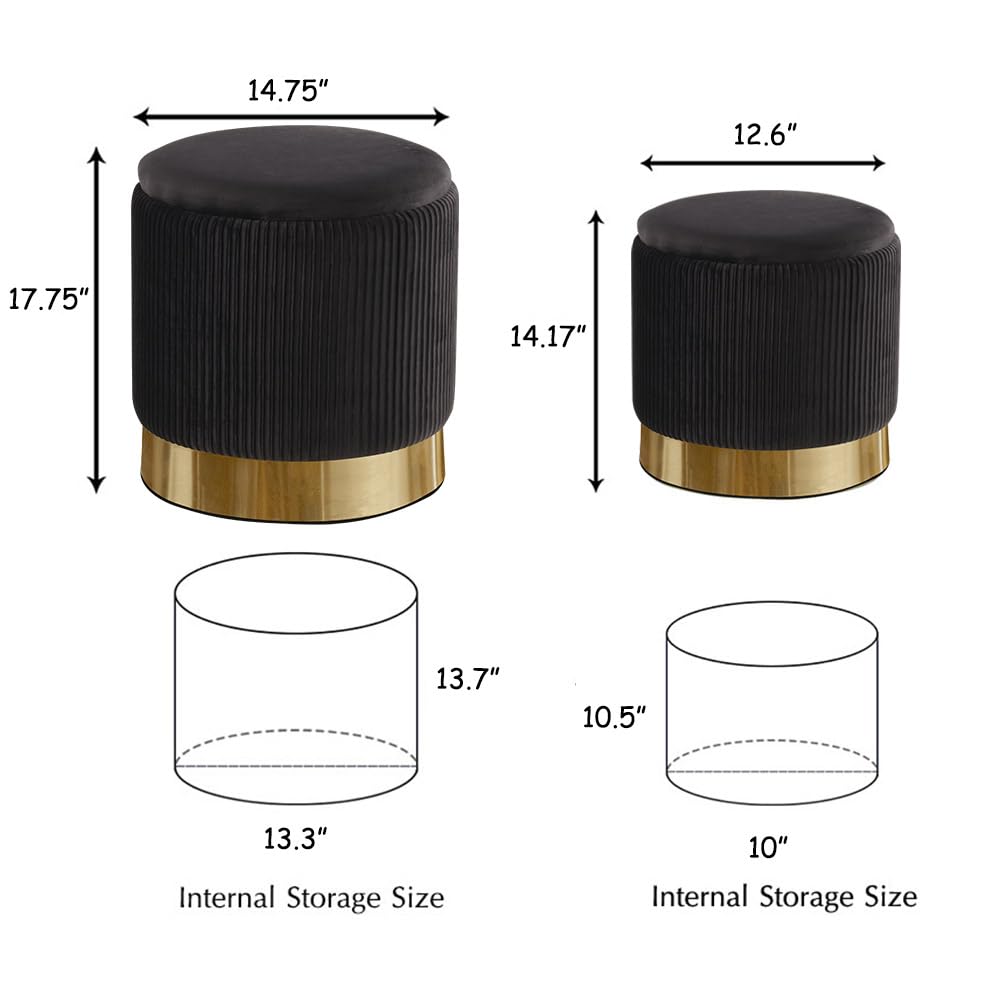 2-Pack Black Velvet Round Storage Ottomans for Living Room, Bedroom & Dorm - Multi-Functional Footrest & Seat with Hidden Storage | Perfect for Small Spaces, Home Decor & Extra Seating