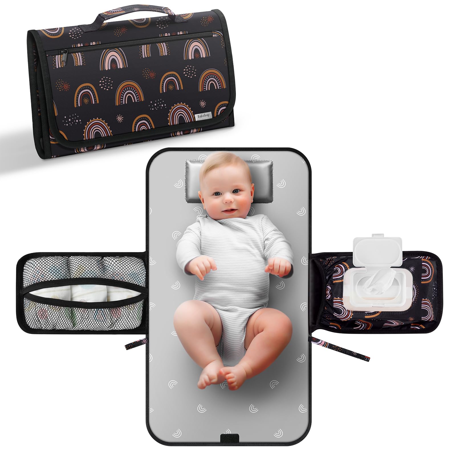 Portable Waterproof Diaper Changing Pad for Baby Boys & Girls - Travel Changing Mat with Wipes Pocket, Boho Rainbow Sun Design - Perfect for On-the-Go Parents, Nursery, Daycare & Outdoor Activities