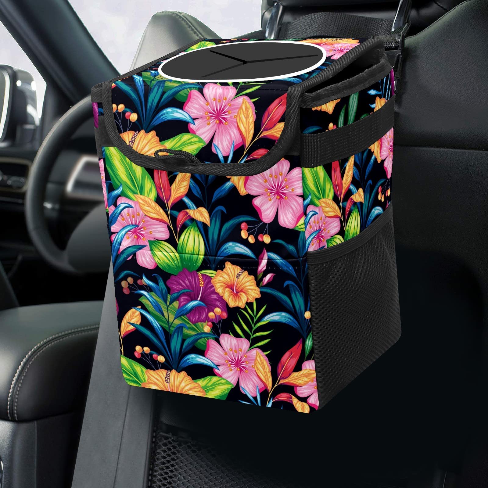 Waterproof Car Trash Can with Lid & Storage Pockets - No Installation Required, Spacious Interior Organizer for Cars, SUVs & Vehicles (Floral Design) - Perfect for Road Trips, Commuting & Keeping Your Car Clean
